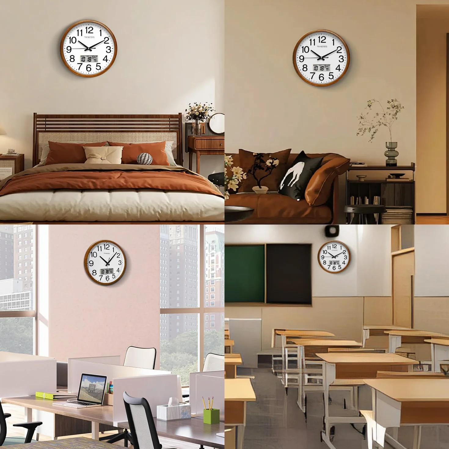 TIMESS Zegar ścienny, klasyczne wykończenie w stylu drewna, 40 cm, nietykający, cichy kwarcowy analogowy na baterie, z wiecznym kalendarzem i wyświetlaczem temperatury F°, wystrój domu, biura (drewno
