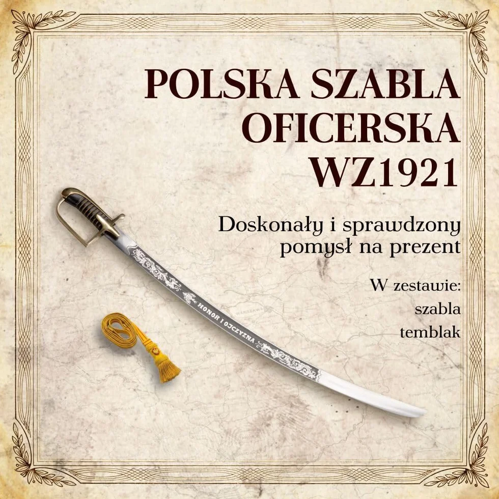 Rekwizyt Historyczny ze Stali bez Pochwy Honor i Ojczyzna 93 cm plus Chwost