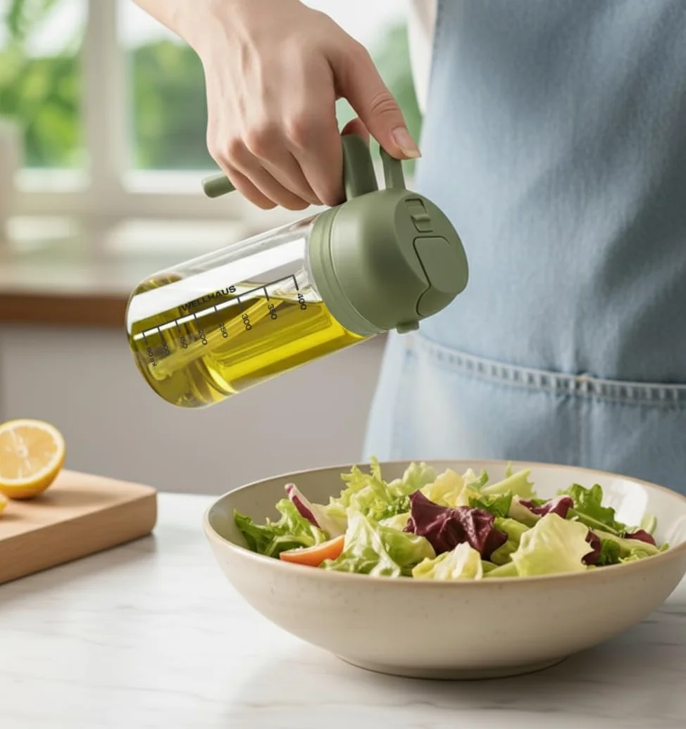 Spryskiwacz do oliwy i oleju 2w1– szklany dozownik oliwy o pojemności 470 ml z ochroną przed promieniowaniem UV, nalewak do oliwy i butelka z rozpylaczem do frytkownicy, gotowania (Zielony)