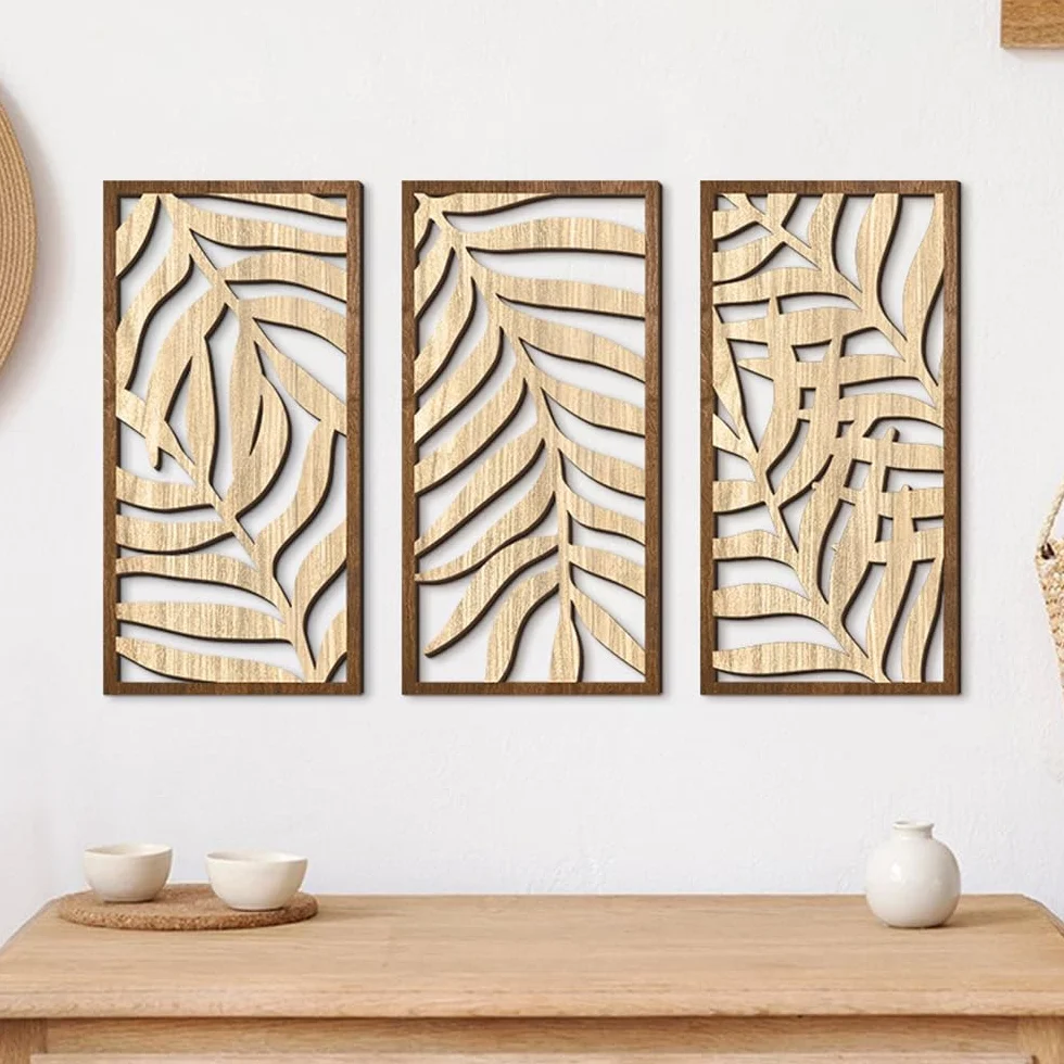 Rongxze Nordycki zestaw drewnianych ścian – 3 panele dekoracyjne ze wzorem liści (40 x 20 cm), dekoracja ścienna, obrazy ścienne, naturalny styl do salonu/sypialni