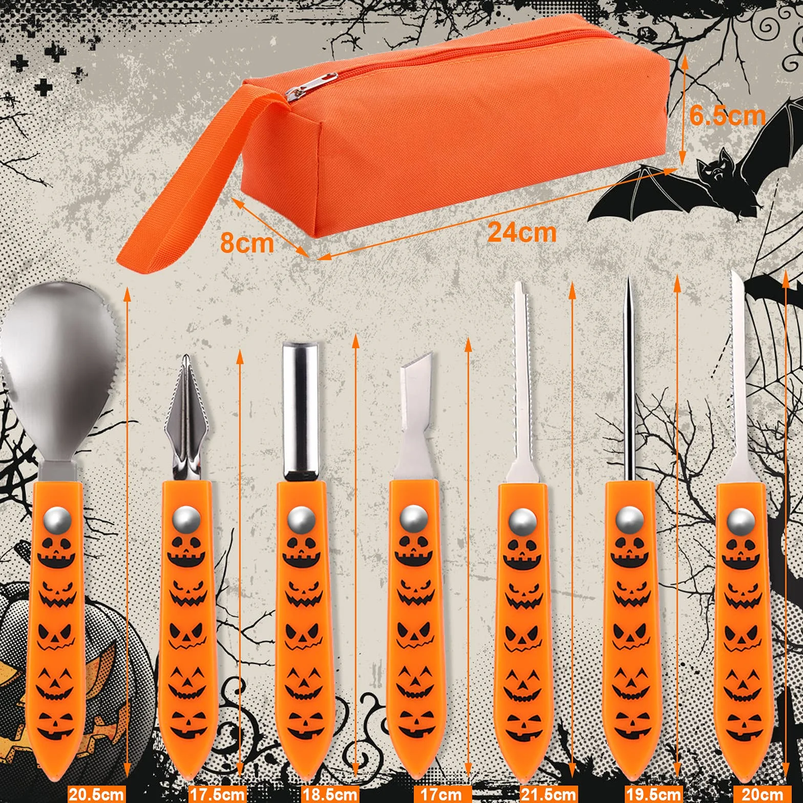 Zestaw do rzeźbienia w dyniach na Halloween, 7 sztuk, z torbą do przenoszenia i szablonami do rzeźbienia w dyniach, profesjonalne narzędzia do rzeźbienia w dyniach ze stali nierdzewnej, na Halloween, dla dorosłych i dzieci