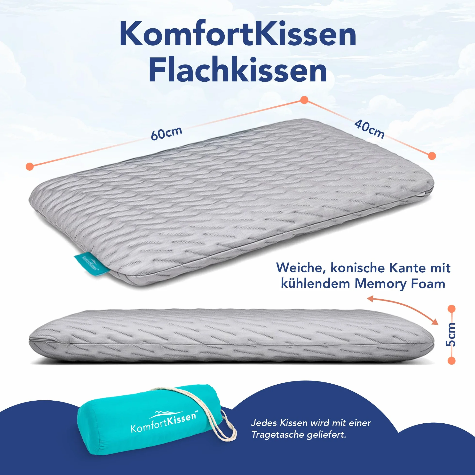 MKS Poduszka ortopedyczna dla dzieci 40x60x5 cm z pianką Memory Foam – Płaska i Ergonomiczna – W zestawie poszewka z bambusa i torebka do przenoszenia – Poduszka pod głowę dla dzieci od 3 lat