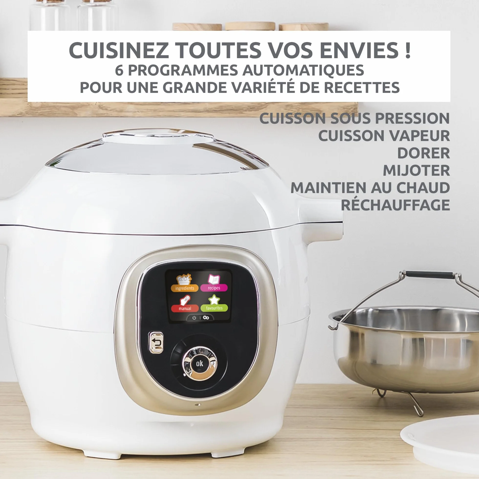 Moulinex, Cookeo Inteligentny multicooker 6L, 150 wbudowanych przepisów, gotowanie bez nadzoru, intuicyjny ekran, instrukcja gotowania, aplikacja MyMoulinex, 1600 W, biały, 15 lat, możliwość naprawy