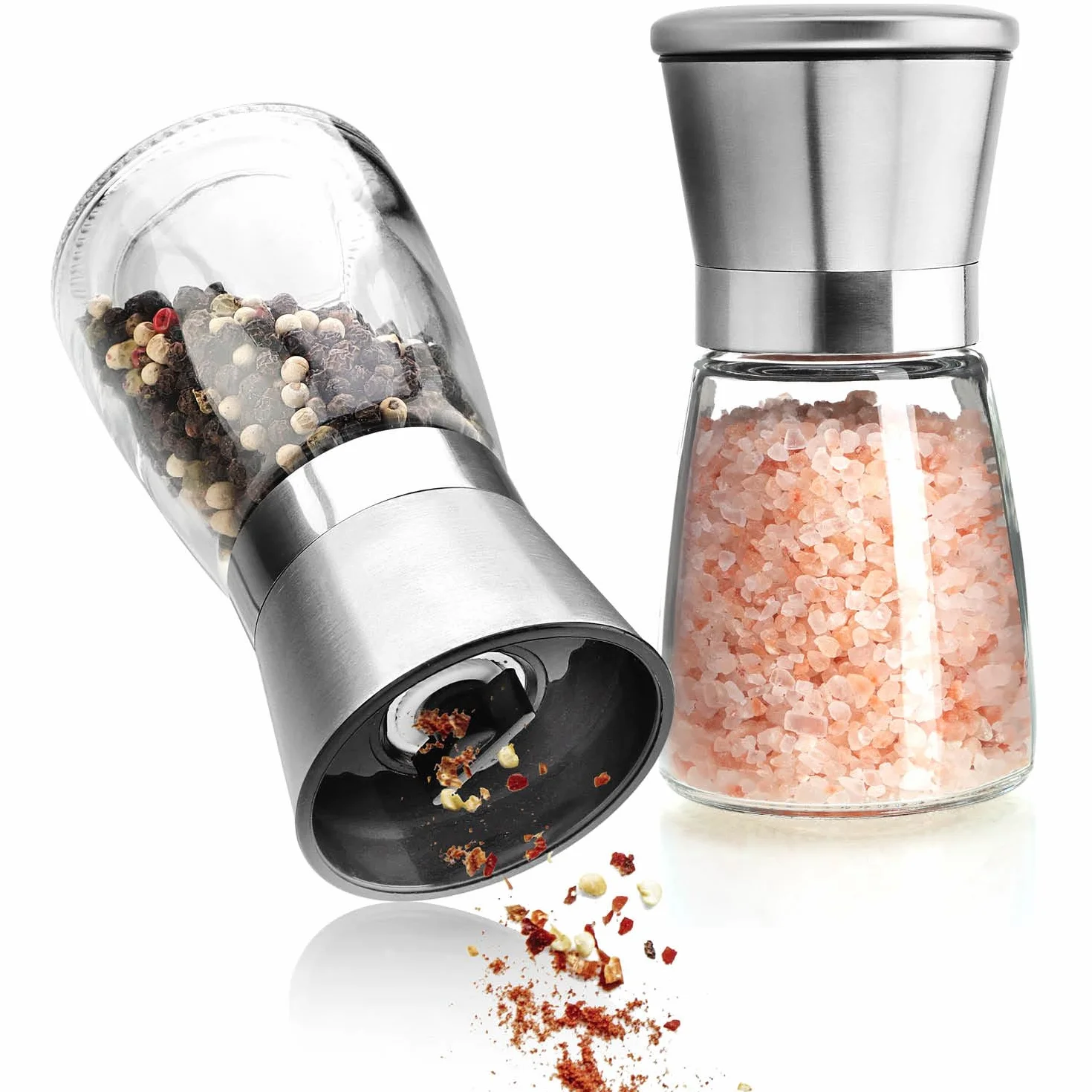 COM-FOUR® 2-czesciowy zestaw mlynków do soli i pieprzu ze szkla i stali nierdzewnej z ceramicznym mlynkiem - eleganckie akcesoria kuchenne - nowoczesny mlynek do przypraw (02 sztuki - z pokrywka)