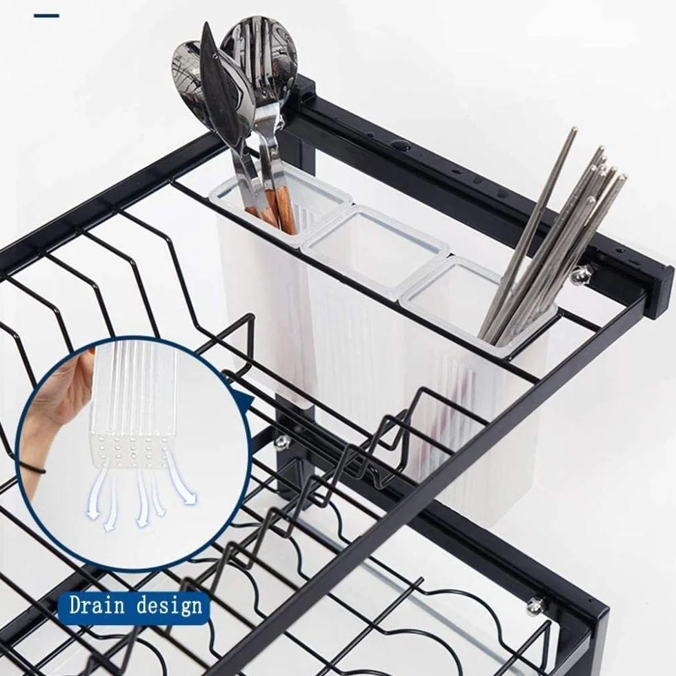 3-poziomowa czarna stal nierdzewna ociekacz do naczyń, 44,3 x 25,5 x 51 cm Kuchnia. Wydajne suszenie naczyń i rozwiązanie oszczędzające miejsce.