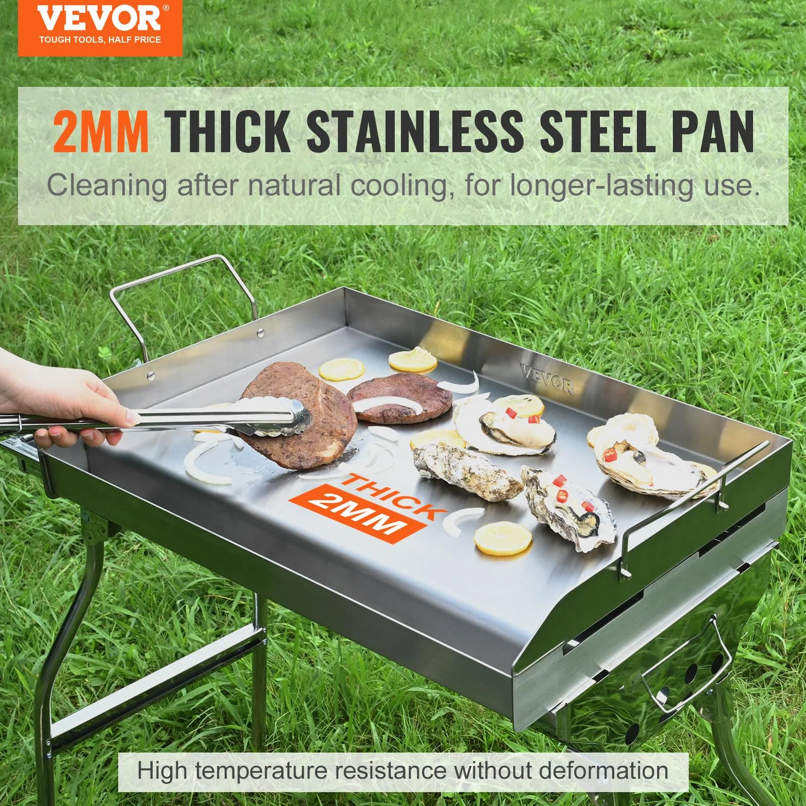 VEVOR Wstępnie przyprawiona płyta grillowa 587 x 395 mm, prostokątna płyta grillowa ze stali nierdzewnej, nieprzywierająca, grubość 2 mm, do kuchenki gazowej z 2 palnikami