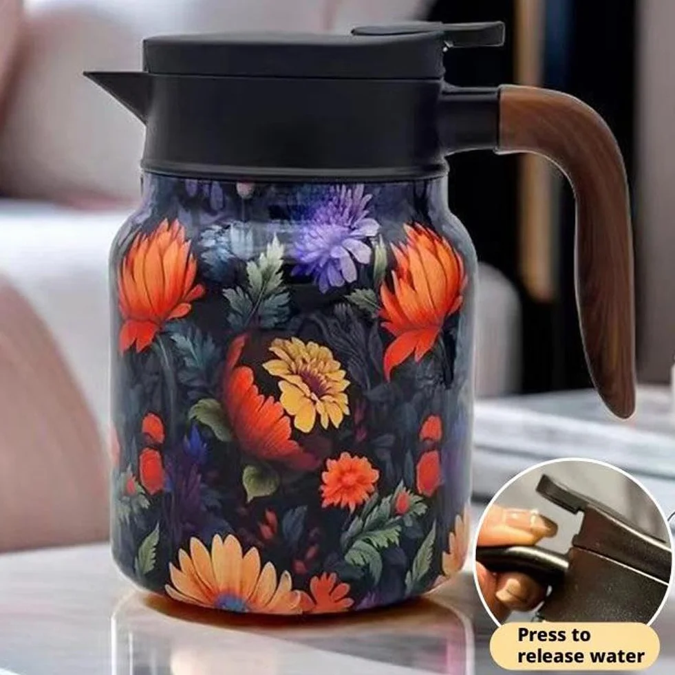 Dzbanek do herbaty w stylu vintage, kwiatowy wzór, 1000 ml, wbudowany zaparzacz do herbaty w stylu vintage, karafka termiczna ze stali nierdzewnej z pokrywką, do gorących napojów, mini dzbanek do kawy