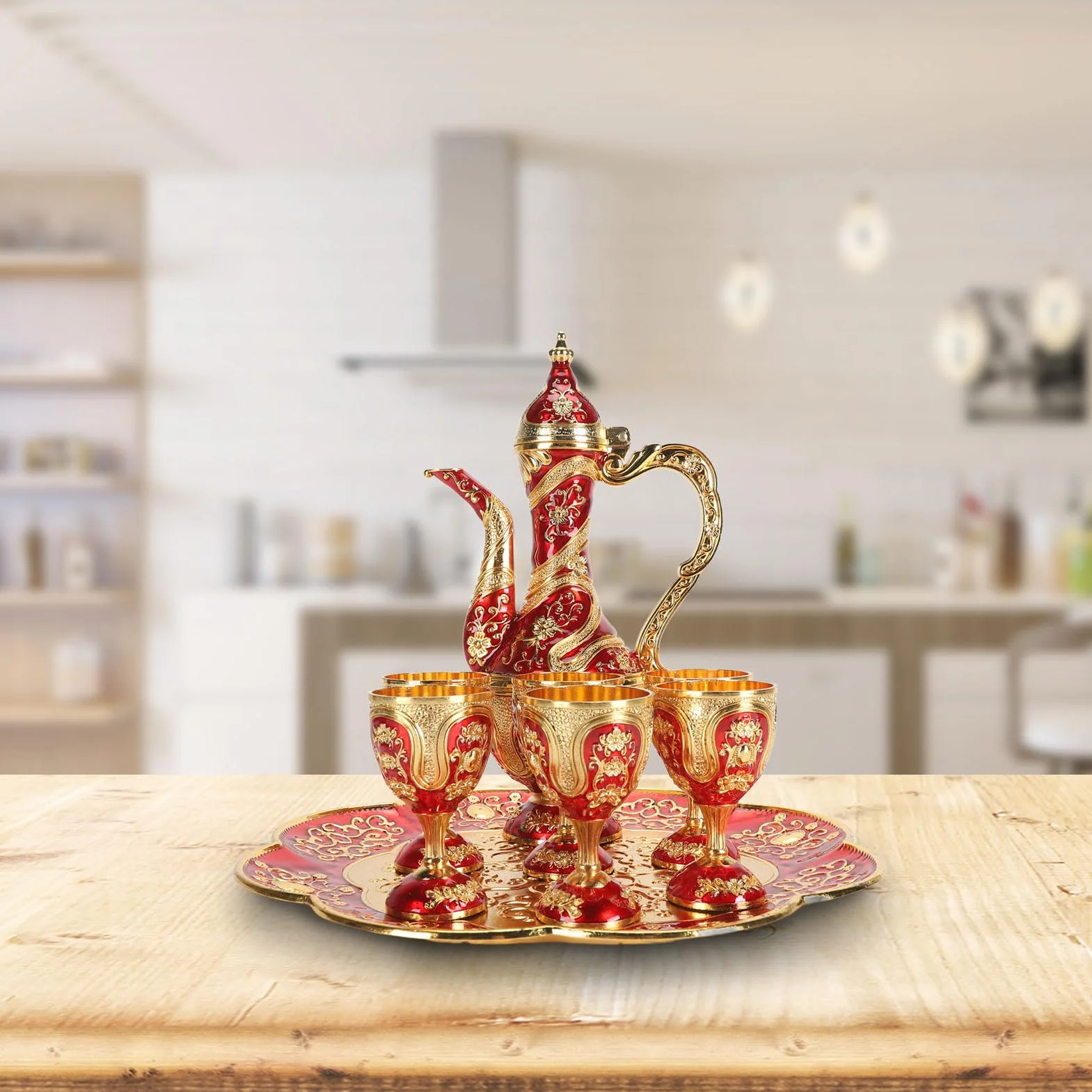 Naroote Turecki Zestaw Herbaty, Turecki Zestaw Herbaciany dla Dorosłych Cynk Stop Herbaty Łatwa Czyste, Eleganckie Trwałe Vintage Turkish Tea Zetek Złoty Niebieski z tacą na herbatę do Kawiarni