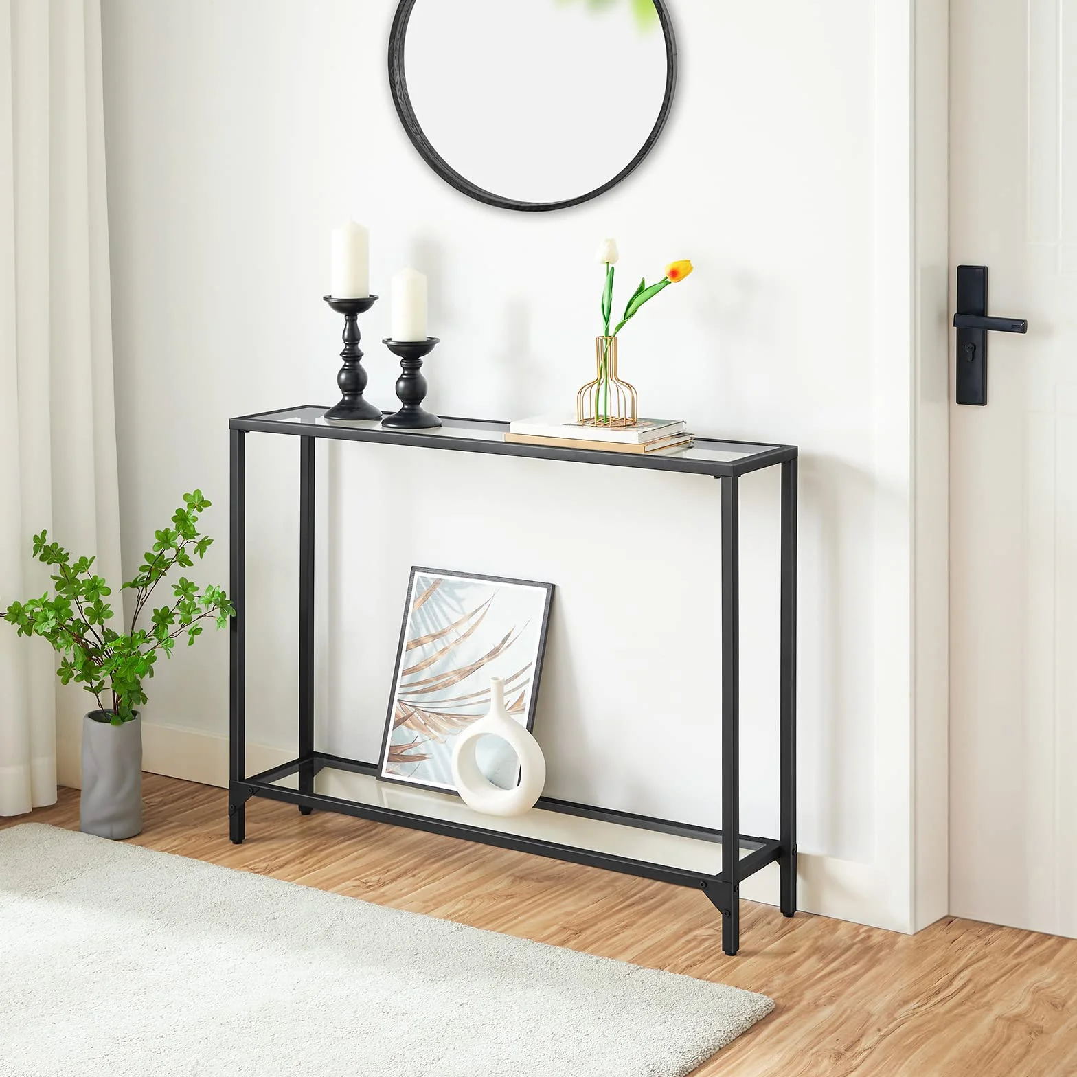HOOBRO EBK04XG01 Stolik konsolowy ze szkła hartowanego, wąski stolik do przedpokoju z 2 półkami, 100 x 22 x 80 cm, stolik na sofę ze szkła hartowanego, nowoczesny stół ekspozycyjny do salonu, mała