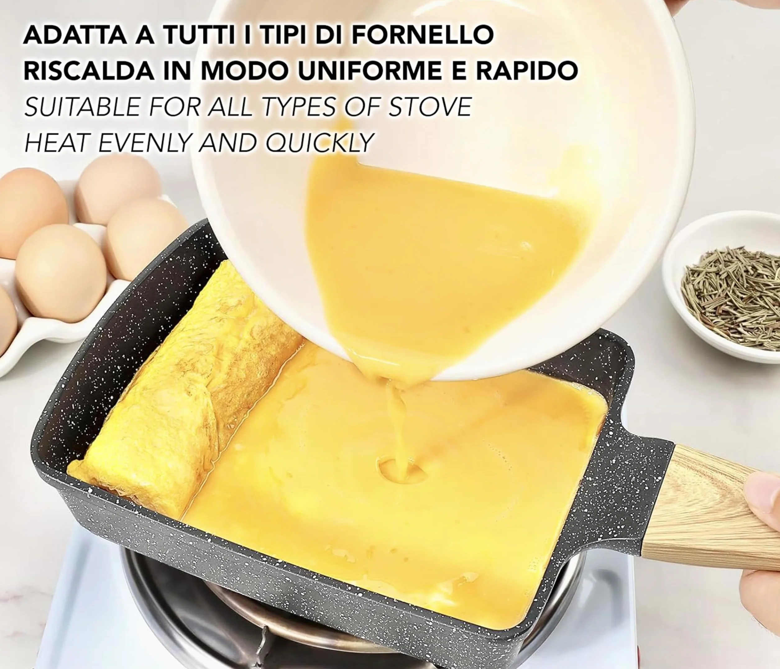 IPEA Patelnia do tamagoyaki Nieprzywierająca japoński omlet - do indukcji i gazu - 21 cm, aluminiowa patelnia antyadhezyjna do omletu, naleśników, naleśników, jajek - kwadratowa - Super Comfort Grip