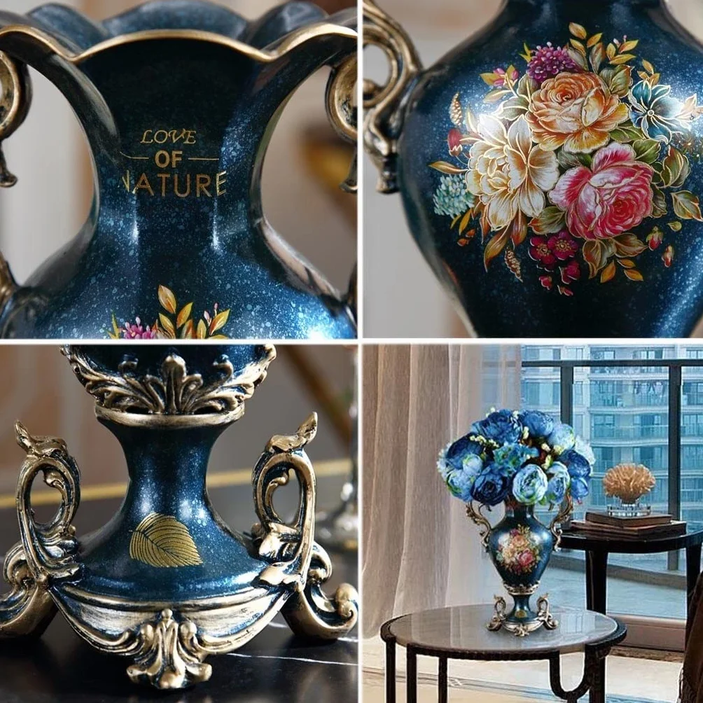 Eleganckie duże wazony na kwiaty, centralny element stołu do kuchni, jadalni, salonu, wystrój domu, europejski retro wysokie duże kwiaty z żywicy, chińskie wazony do dekoracji sypialni (kolor: Bez kwiatów)