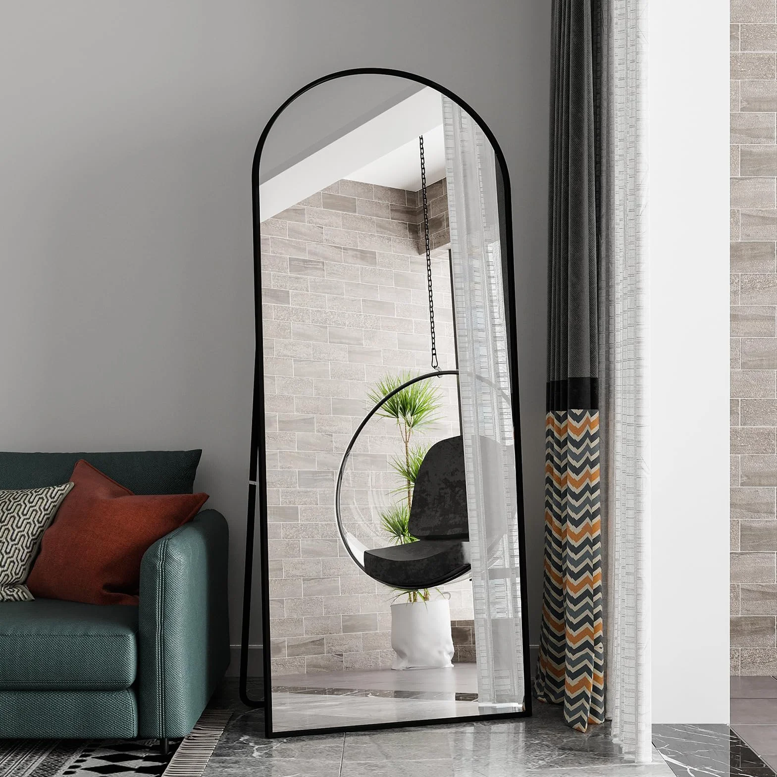 Lustro o pełnej długości, 180 x 80 cm, łukowate lustro Shpe, wolnostojące, duże lustro stojące ze stopu aluminium, do garderoby, przedpokoju, sypialni (czarne)