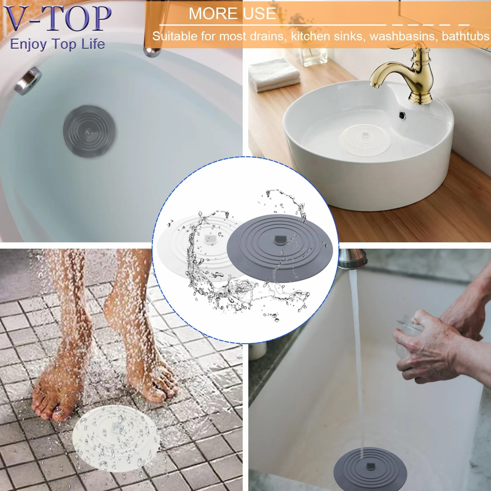 V-TOP Korek spustowy do wanny, 2 szt., 12,7 cm silikonowy korek do wanny prysznicowej, korek do wanny, zatyczka do włosów, uniwersalne płaskie ssanie przyjazne dla najemców akcesoria kąpielowe (biały