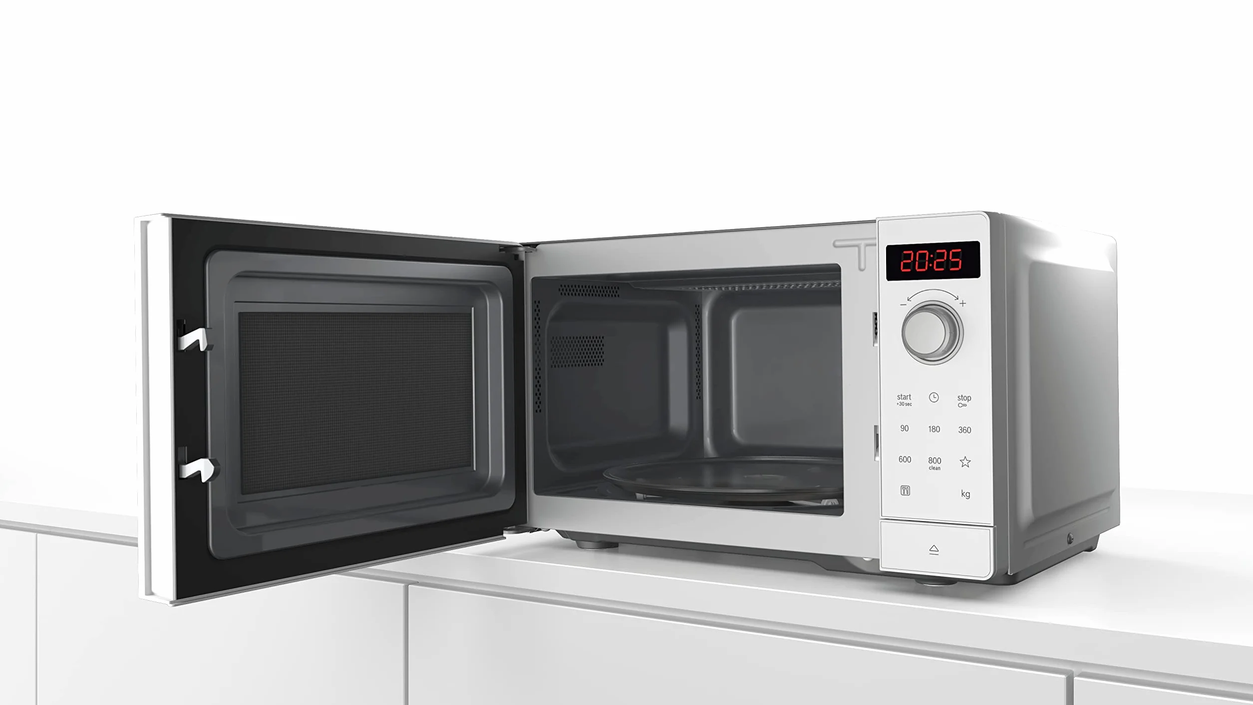 Bosch FFL023MW0 seria 2 kuchenka mikrofalowa, 26 x 44 cm, 800 W, talerz obrotowy 27 cm, ogranicznik drzwi z lewej strony, AutoPilot 7 7 programy automatyczne, obsługa czyszczenia, wyświetlacz dotykowy