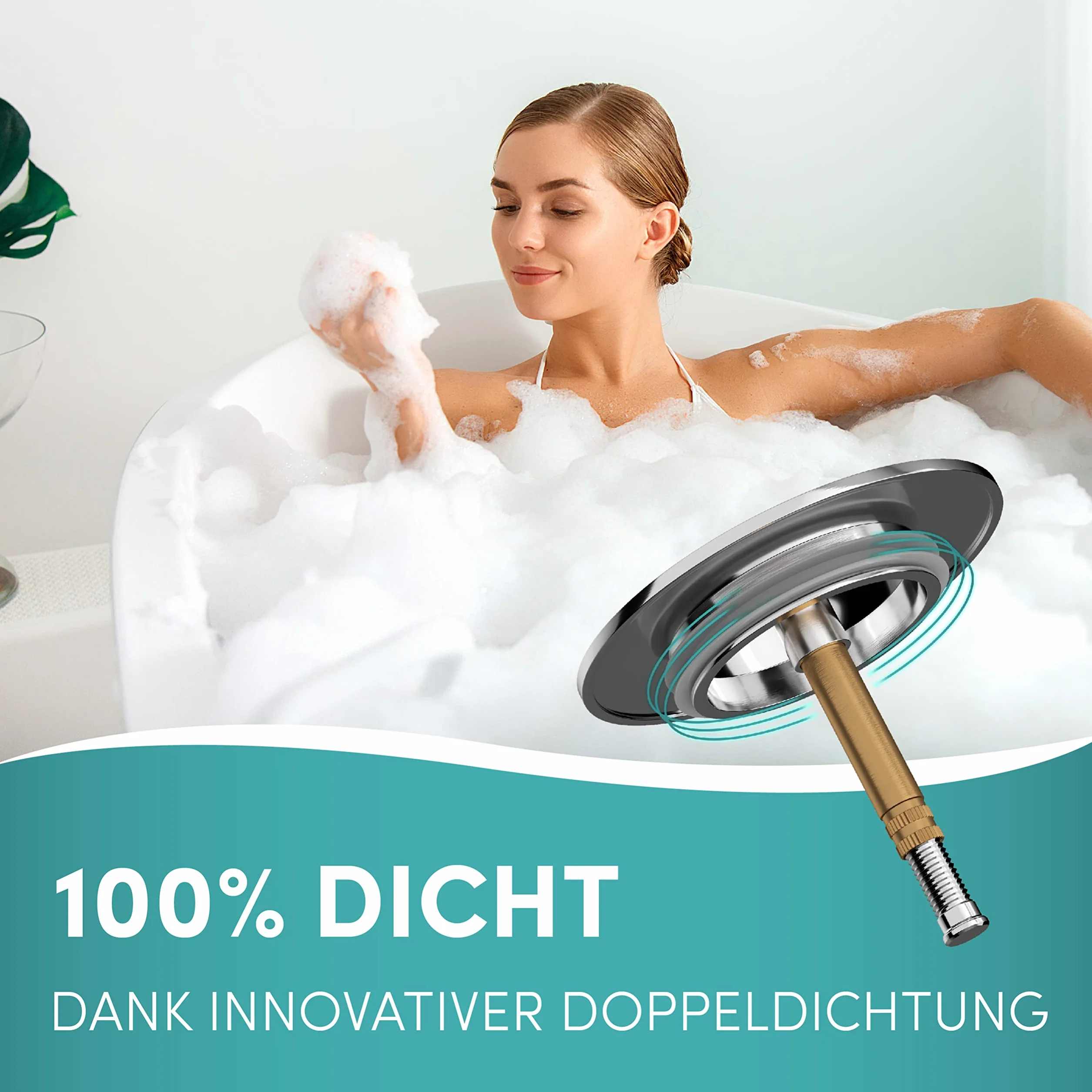 Engelbach® Korek do wanny o uniwersalnym dopasowaniu – korek wannowy nierdzewny – zintegrowana podwójna uszczelka – korek do wanny, Chrom