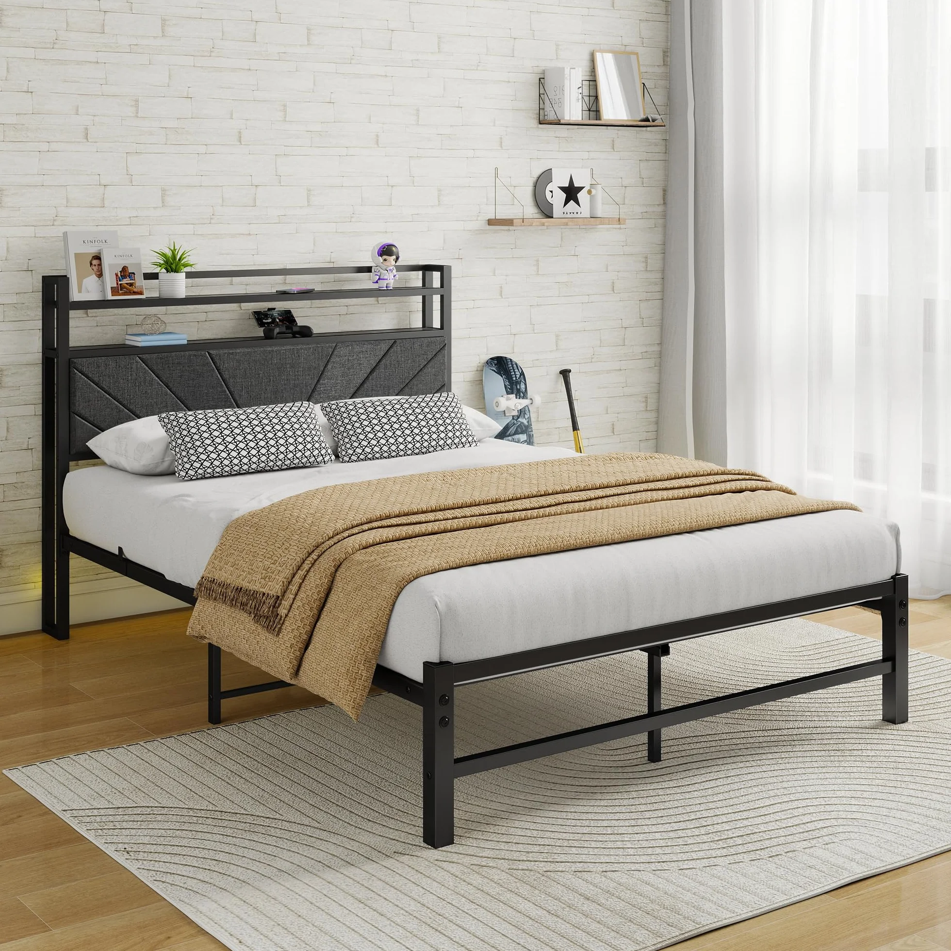Rama łóżka 120 x 200 cm – zagłówek do łóżka tapicerowanego – łóżko podwójne 120 x 200 – stelaż pod materac – stylowa rama łóżka ciemnoszara