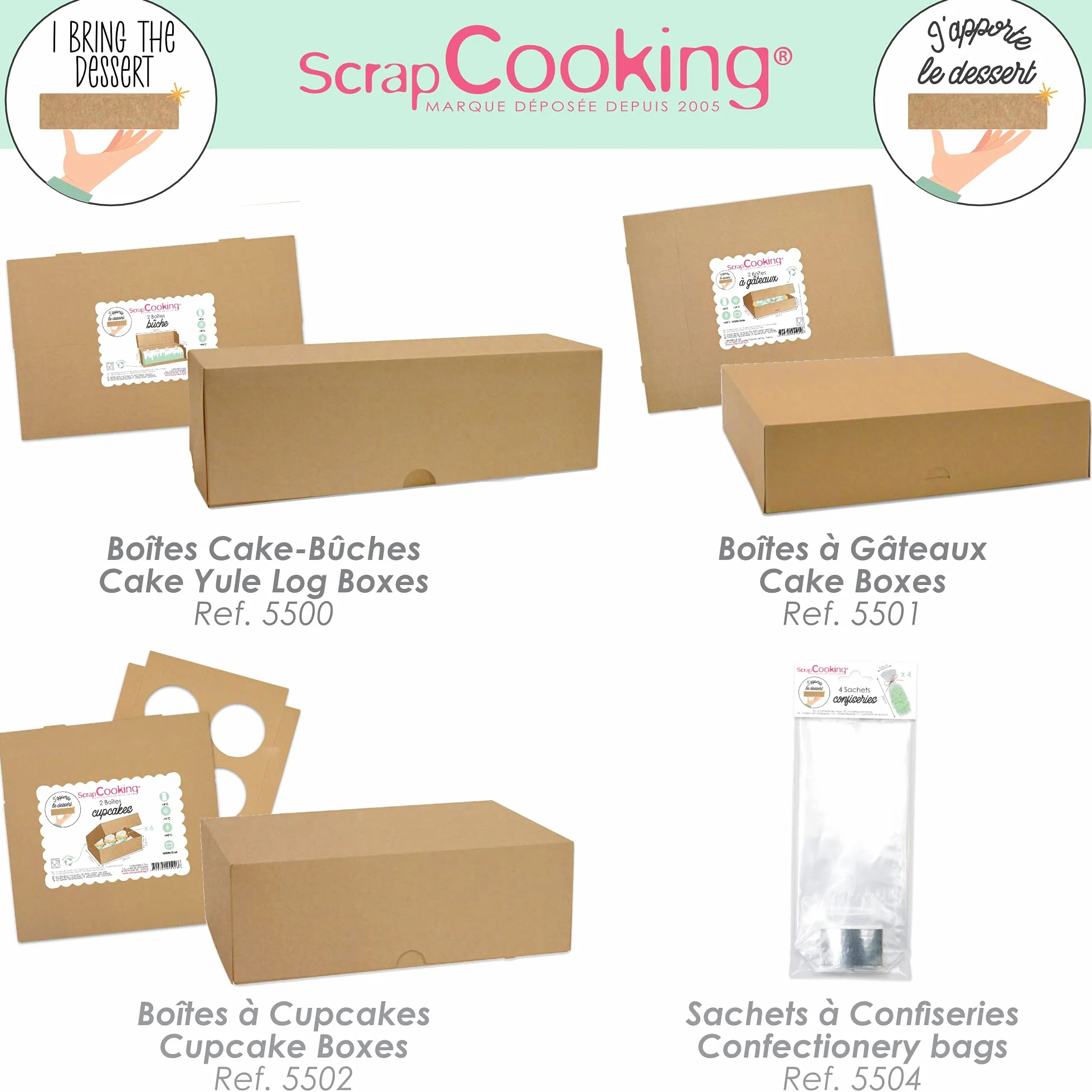 SCRAP COOKING - Zestaw 2 pudełek na babeczki - Karton Kraft Recykling Food - 17 x 25 x 8,5 cm - do transportu 6 babeczek babeczek, ciast deserowych - Wyprodukowano we Francji - 5502