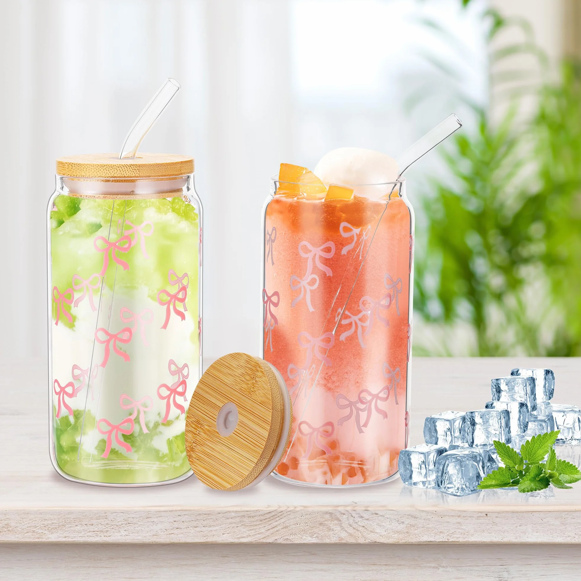 Hejo Bow Szklanka z Pokrywką i Słomką, 500 ml, Elegancki Kubek do Picia Pink Stuff, Szkło do Matchy z Aesthetic Clean Girl - Przezroczyste Naczynie do Kawy