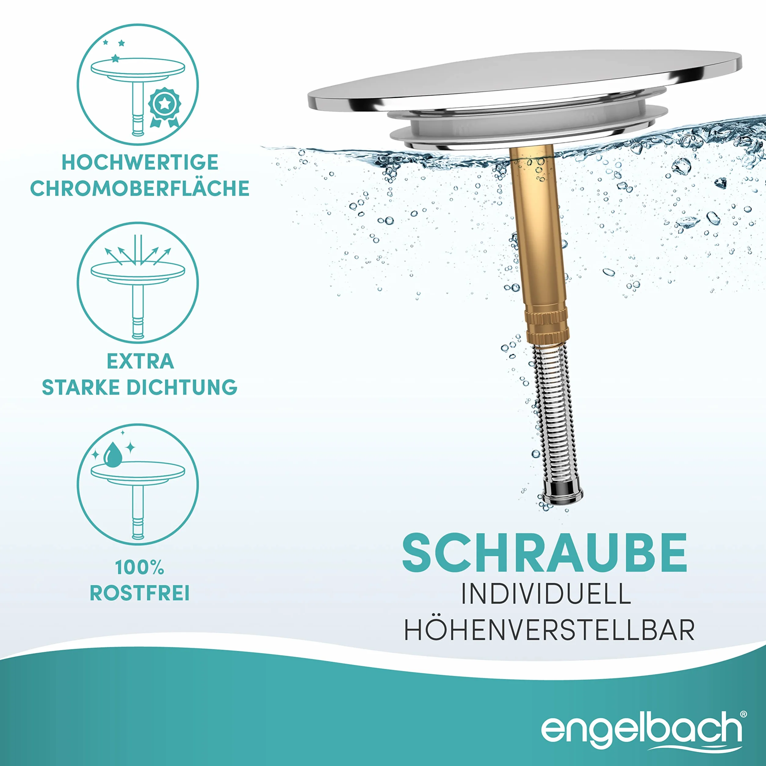 Engelbach® Korek do wanny o uniwersalnym dopasowaniu – korek wannowy nierdzewny – zintegrowana podwójna uszczelka – korek do wanny, Chrom