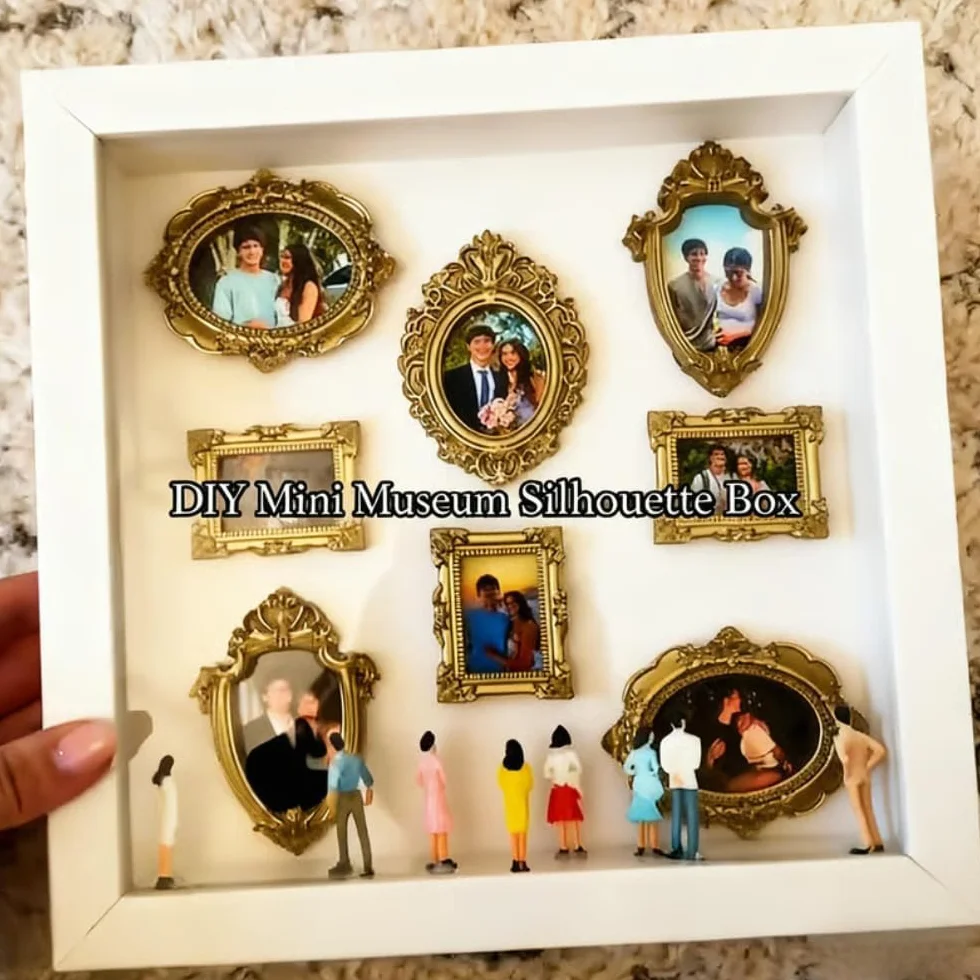 DIY Mini Muzeum Sylwetka Pudełko Cieniowe, Spersonalizowana ekspozycja na Cień do Zdjęć z mini figurkami i mini złotymi ramkami, świętuj swoje wyjątkowe wspomnienia w dobrym stylu