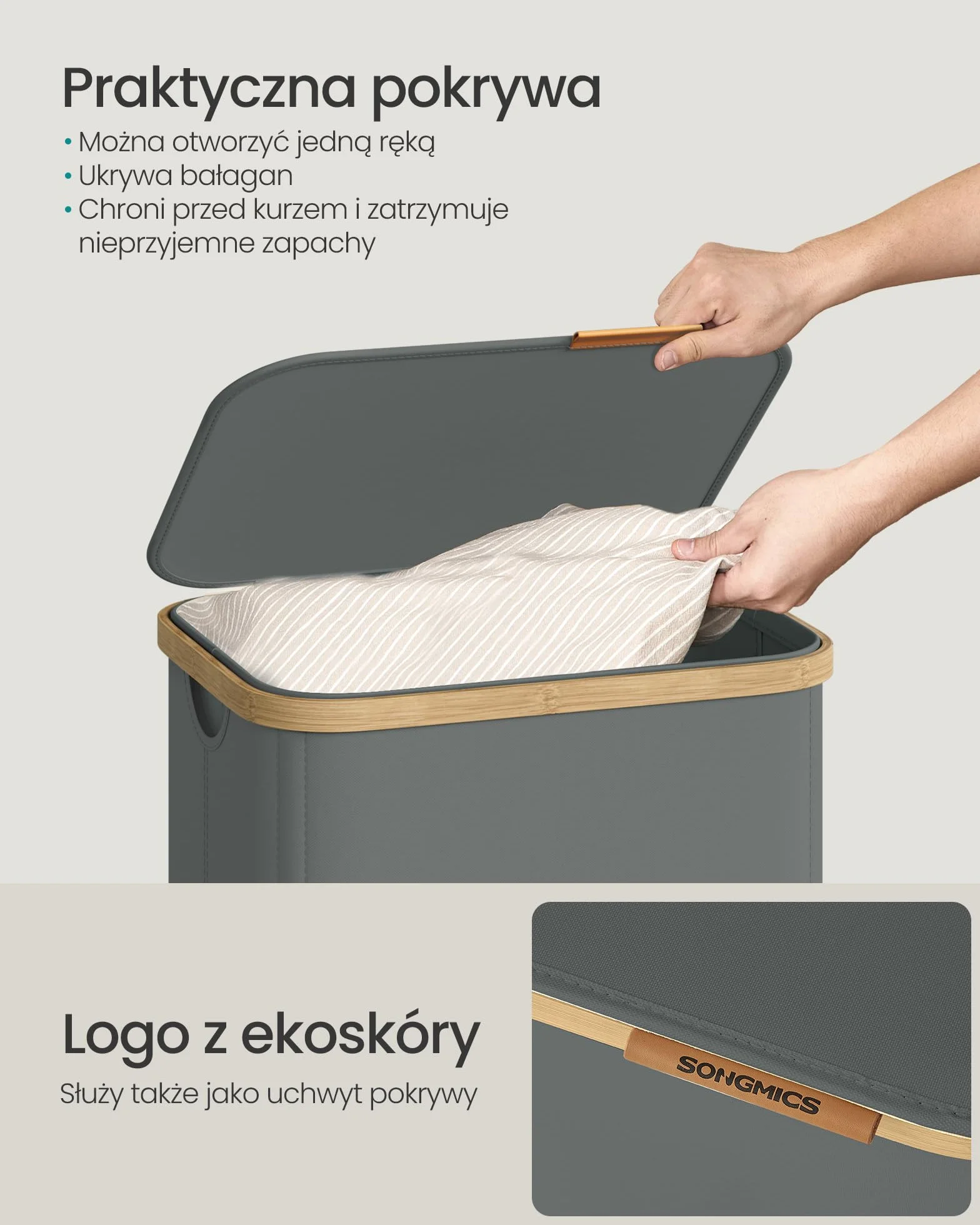 SONGMICS Kosz na pranie z pokrywką, kosz na pranie, kosz na pranie, wyjmowany worek na pranie, rama bambusowa, do pralni, sypialni, 100 litrów, szary łupek LCB531GN01