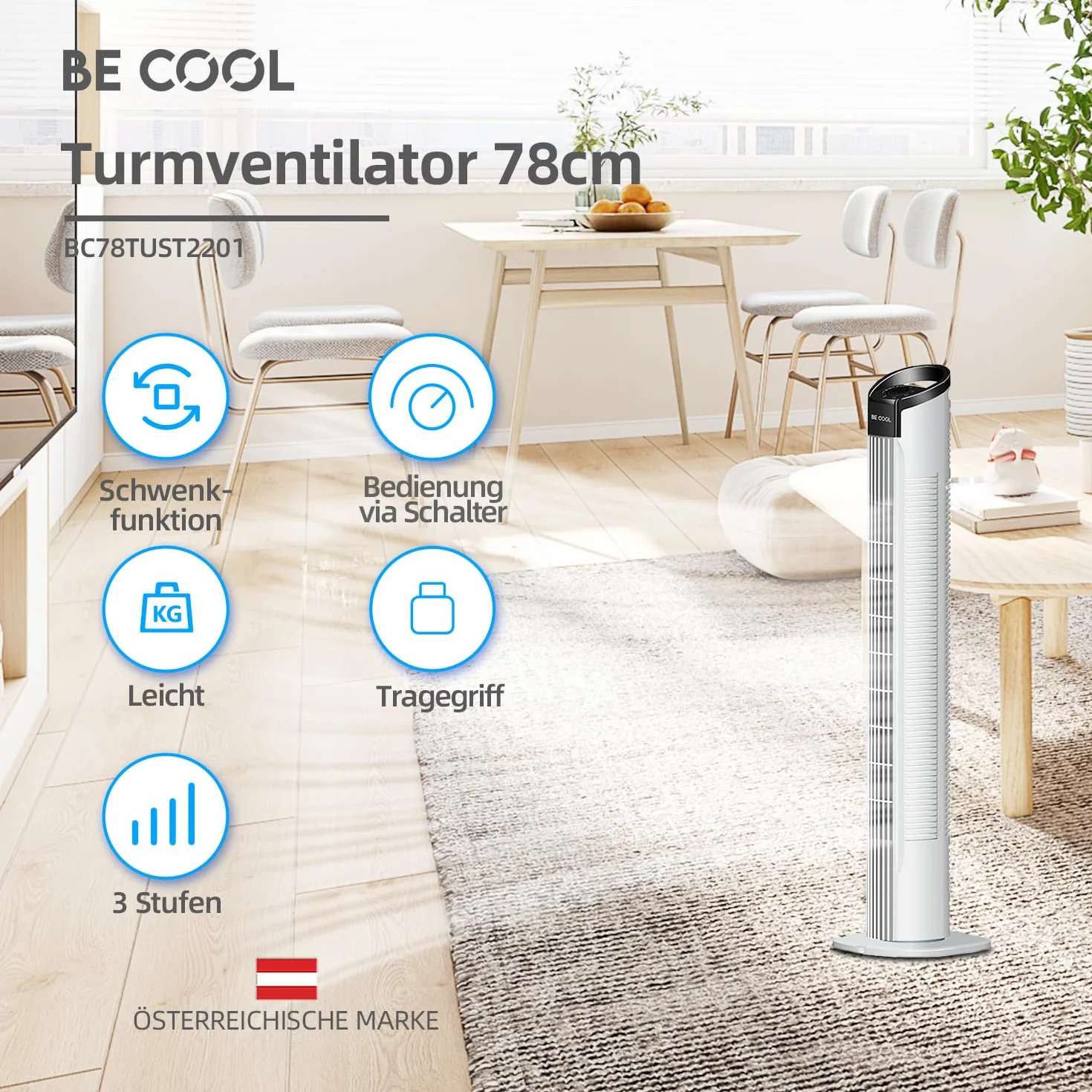 Be Cool Wentylator kolumnowy 78 cm, biały, 3 poziomy prędkości
