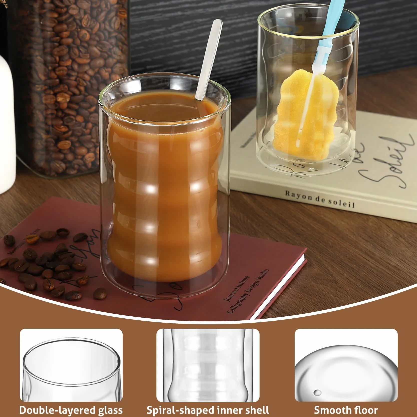 Szklanki do Latte Macchiato z Podwójnymi ściankami, 400 ml, do Kawy, Cappuccino, Espresso i Herbaty, Spiralne Szklanki Termiczne, ze Szkła Borokrzemowego, 2 Szklanek i 2 łyżeczek