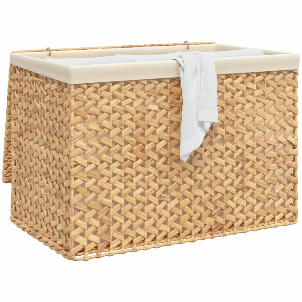 Składany 3-częściowy kosz na pranie 75 x 42,5 x 52 cm z hiacyntu wodnego z pokrywą i bocznym uchwytem, wytrzymała metalowa rama, rustykalny design do łazienki.