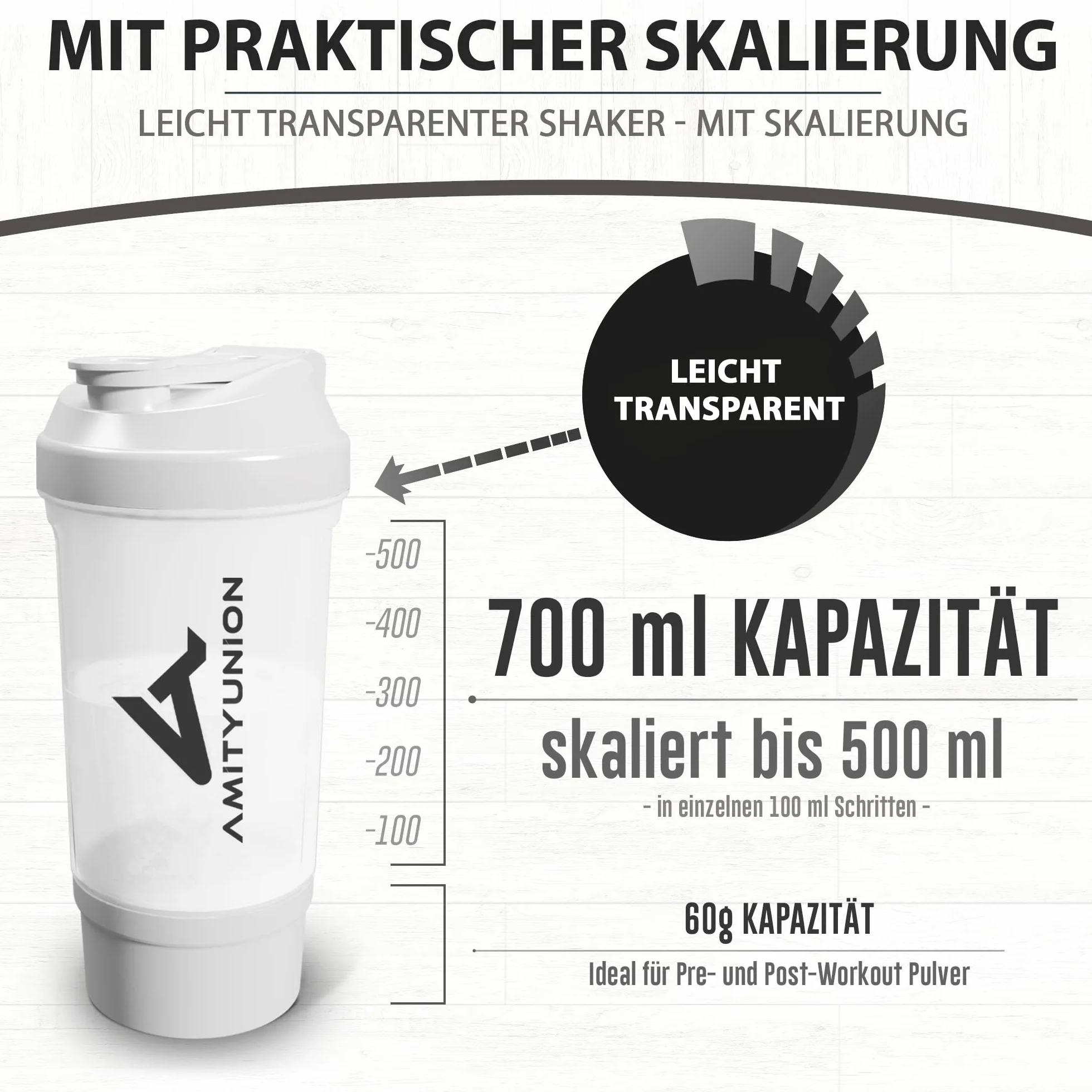 Shaker proteinowy FYRA 700 ml z pojemnikiem - shaker proteinowy bez BPA z sitkiem i skalą do shake'ów serwatkowych i BCCA, siłownia kubek fitness izolat dieta sport, (Biały)