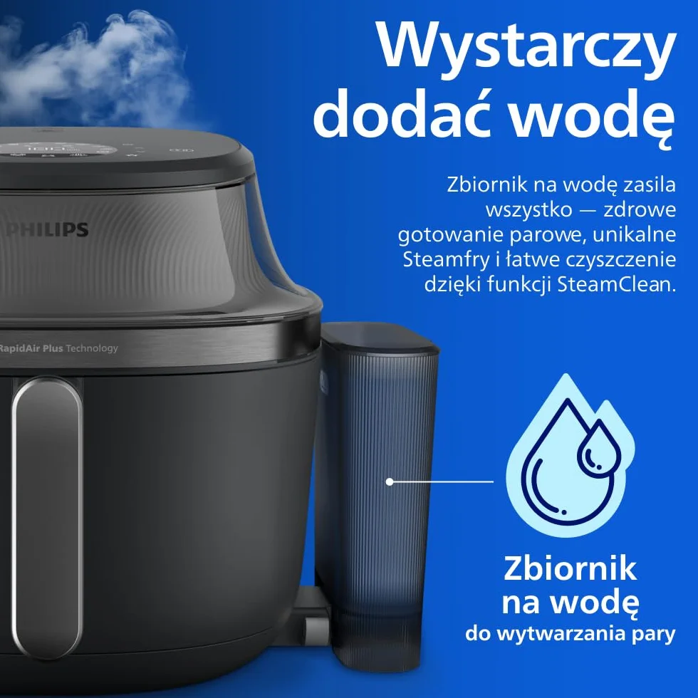 Philips Ovi z parą - Steamfry, Gotowanie na parze i Airfry - 21 sposobów gotowania; Pojemność 7,2 l, Technologia RapidAir, Okienko, Powłoka ceramiczna, Automat. czyszczenie parą (NA540/00)