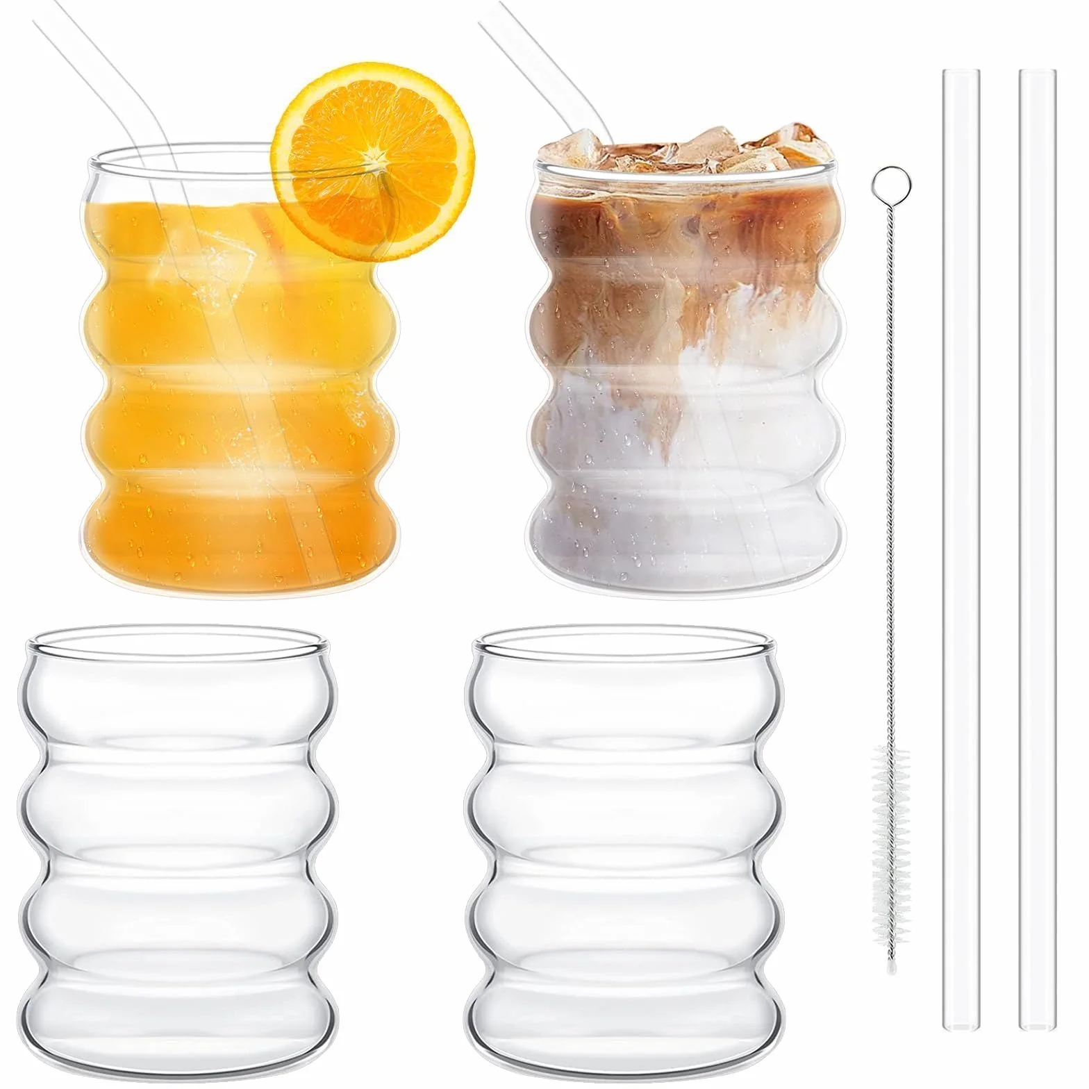 Bubble szklanki 350 ml ze słomką, zestaw 4 żebrowanych szklanek | Do Latte Macchiato, kawy mrożonej, whisky, koktajli, jogurtu, kawy z sodą – żebrowane szklanki 350 ml ze słomką, zestaw 4