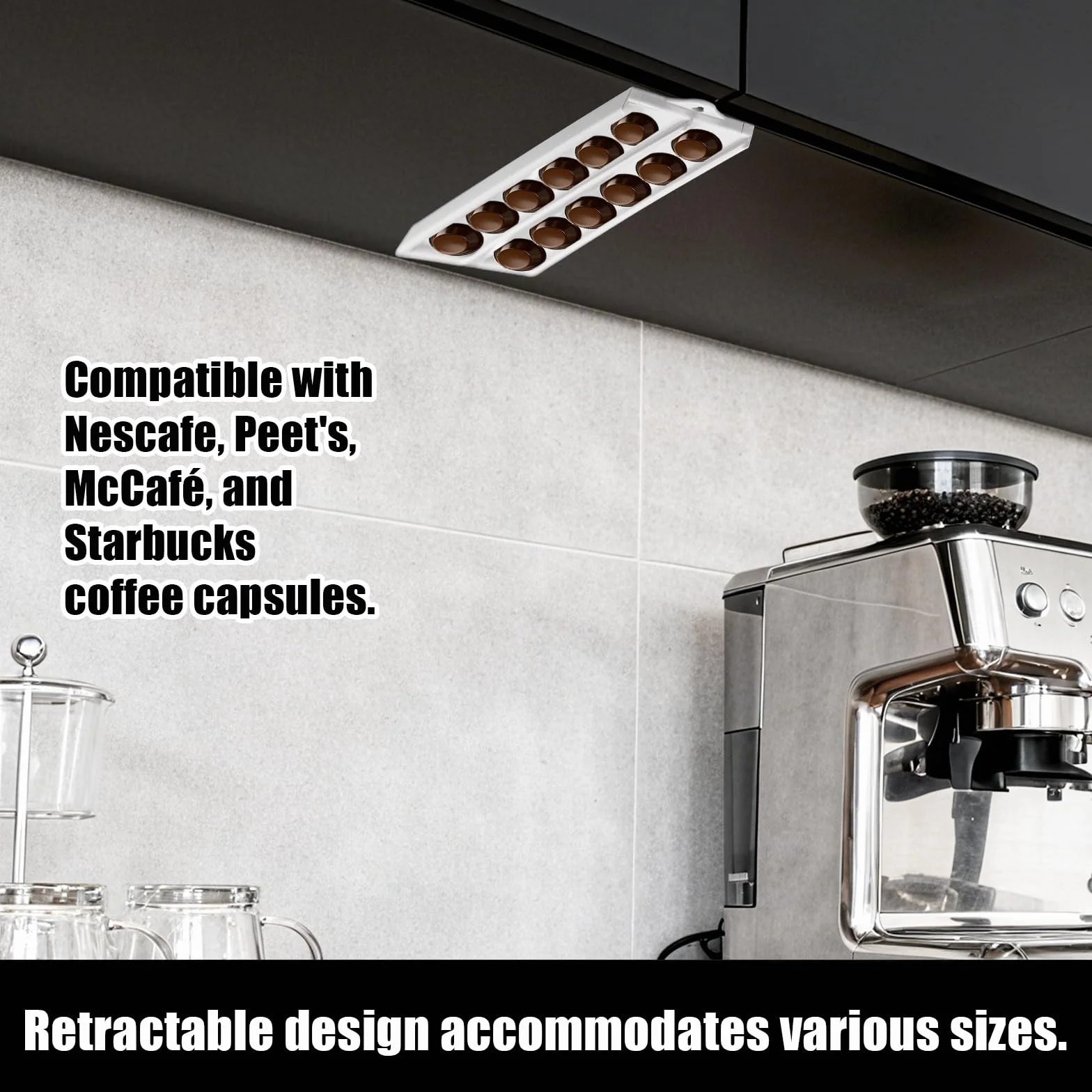 Holdera do Kapsułek Kawy, Regulowany Organizer na Kapsułki & Przechowywanie Mocowanie Ścienne Kapsułka Kawy Kompatybilny dla 14 Kapsułek K-Cups dla Nespresso 37-58mm