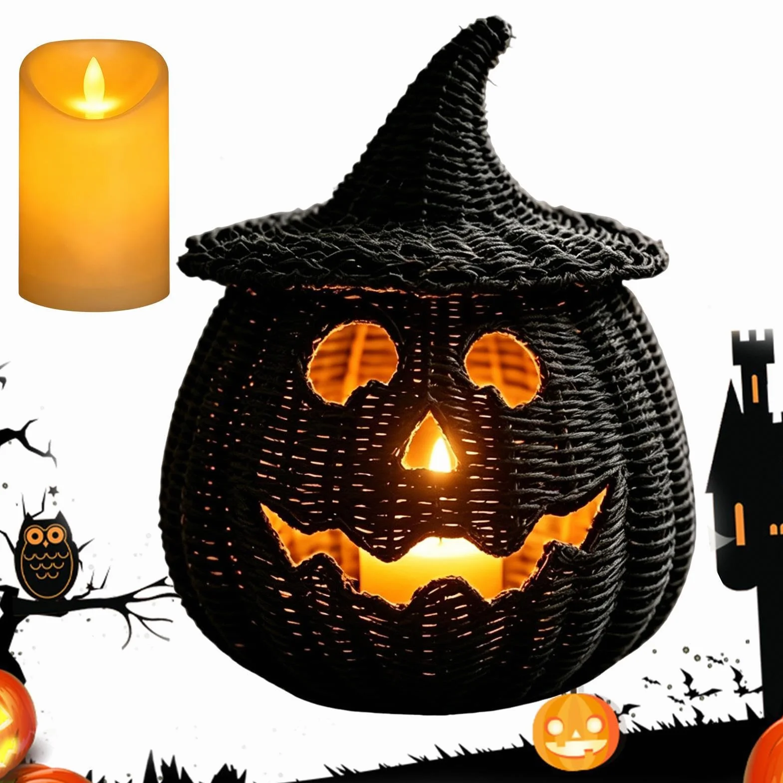 Dekoracyjny Pleciony Kosz Dyniowy Halloweenowy pojemnik ze świeczką LED | Czarne pojemniki na słodycze do domu, salonu, biurka, kominka, stołu jadalnego, przedpokoju, ganku, przyjęcia