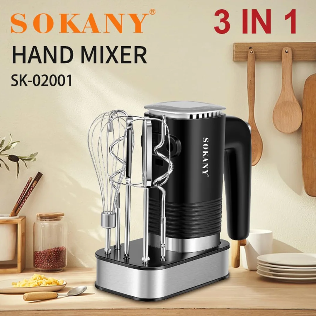 SOKANY 800 W mikser ręczny ze stali nierdzewnej, 5 prędkości z przyciskiem wyjścia, mieszadło ręczne z 2 hakami do zagniatania i 2 trzepaczkami (SK-02001 3 w 1 800 W)
