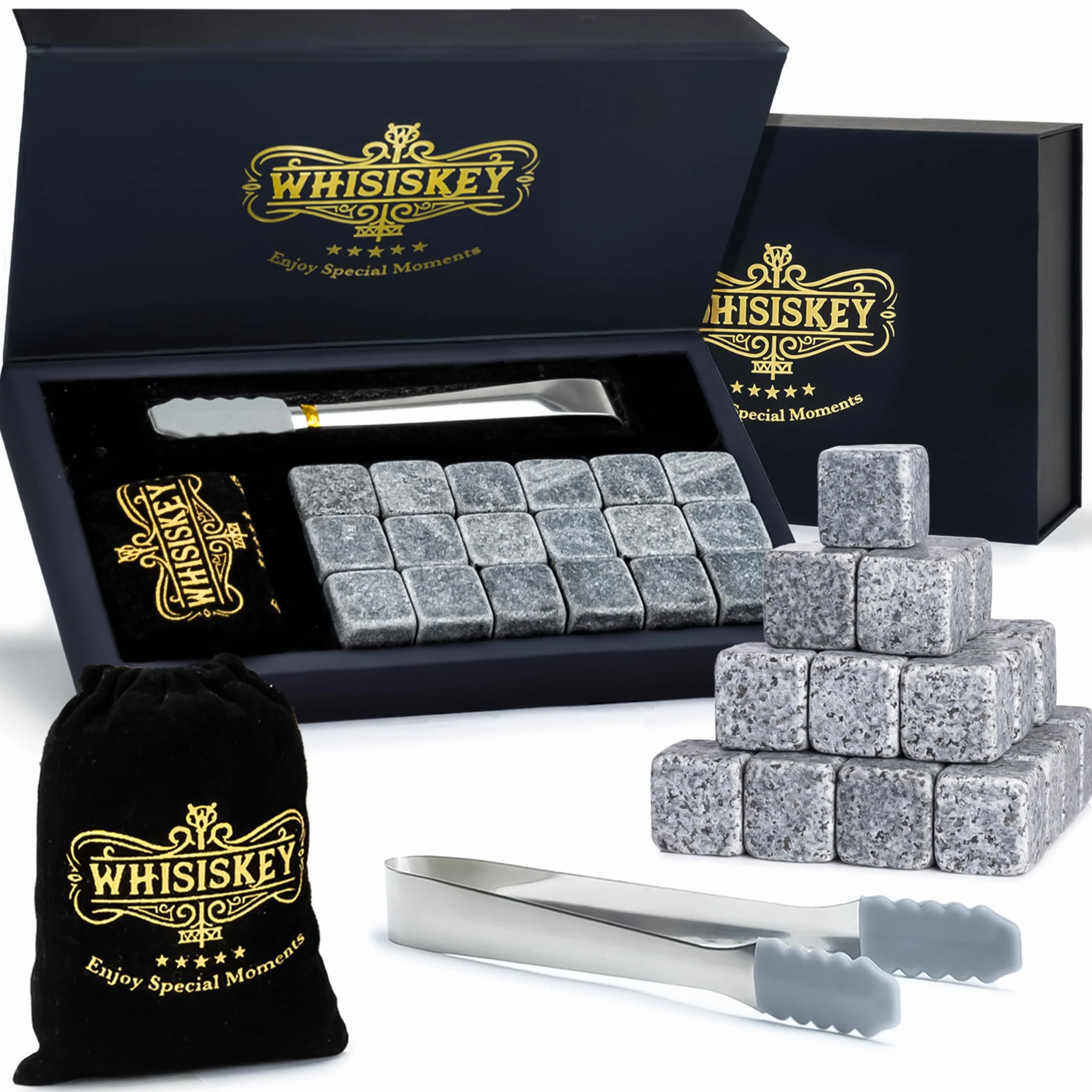 WHISISKEY Zestaw Kamienie do Whisky - 18 Kamieni do Whiskey - Prezenty dla Mężczyzn - Akcesoria do Whisky - Wielokrotnego Użytku Kostki Lodu - Pomysły na Prezent dla Mężczyzny