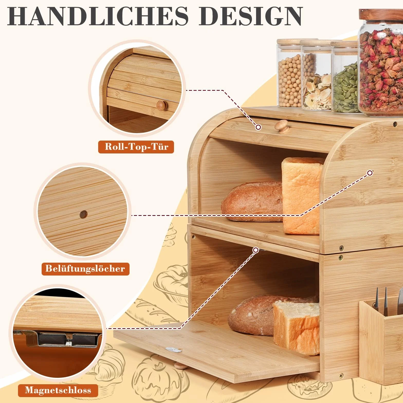 GUUSII HOME Chlebnik Drewniany Duży Retro Eco Chlebnik Pokrywa rolki Dwuwarstwowy pojemnik na chleb z możliwością układania w stosy 38x25x36cm Naturalny bambus Zachowuje świeżość i smak
