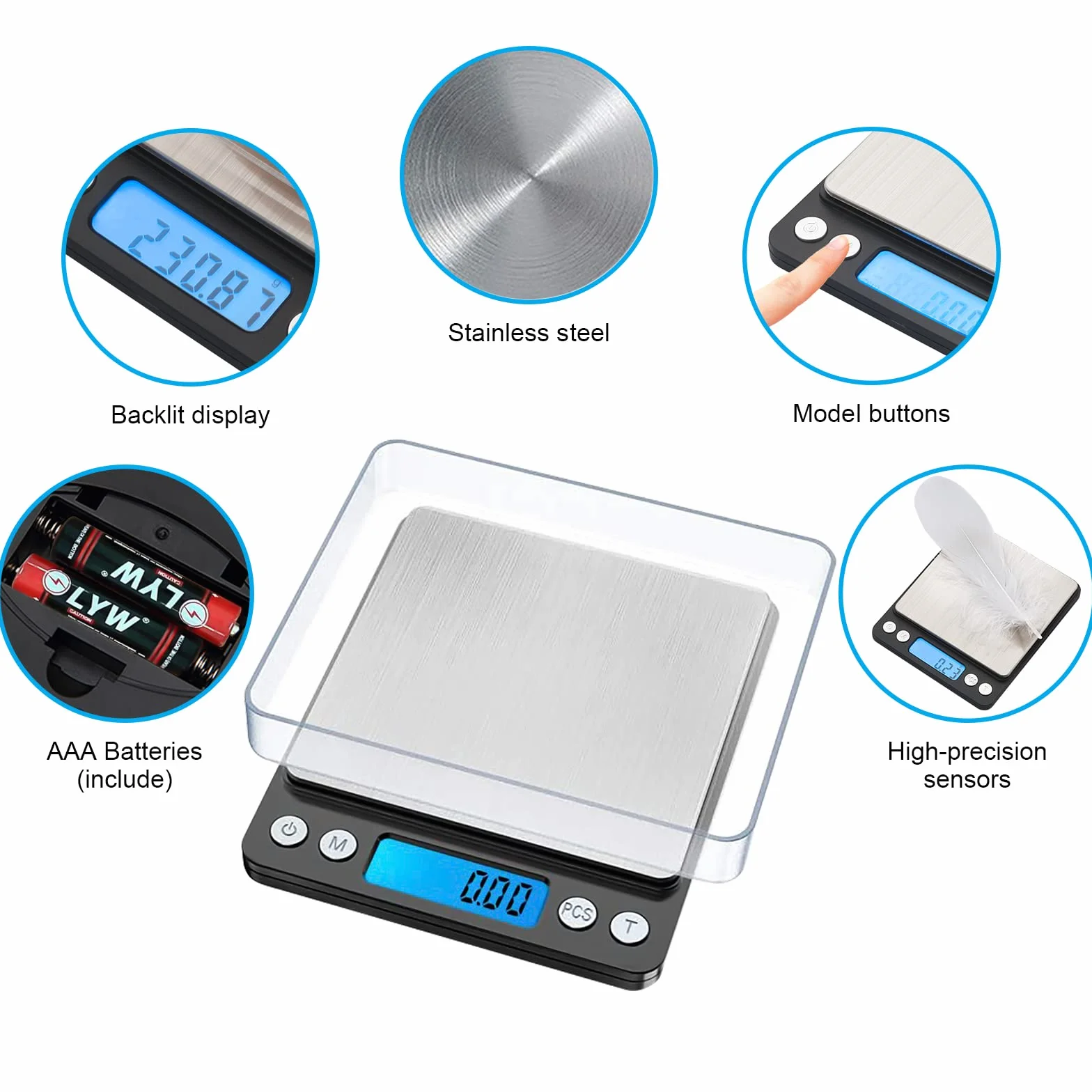 Grifema GA2003 Báscula De Cocina Con Pantalla LCD, Digital, Balanza Con Tapa, Acero Inoxidable (Exclusivo En Amazon), 0.01-500 g