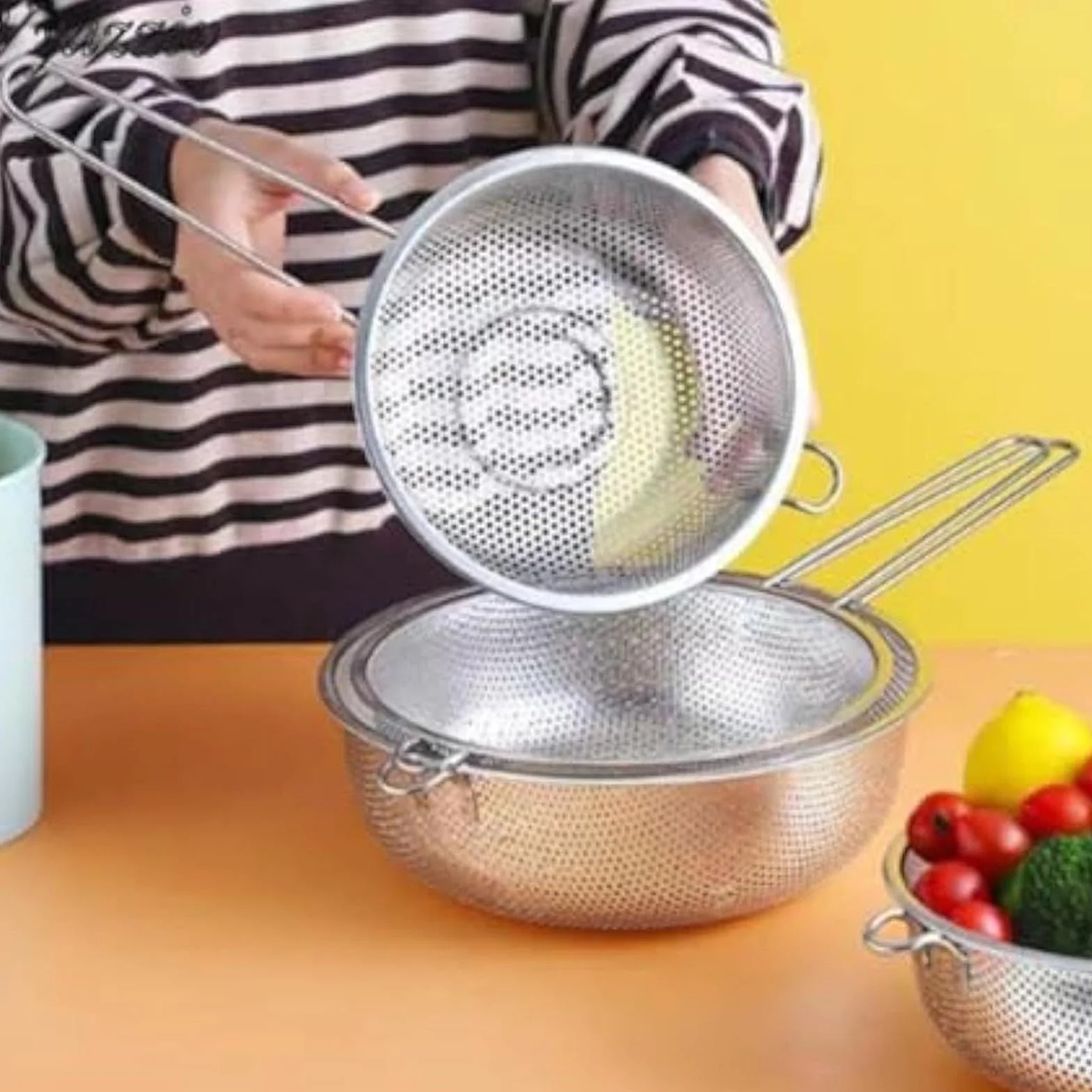 Sitko do makaronu – odporny na wysokie temperatury filtr do łatwego osuszania z wygodnym uchwytem, durszlak ze stali nierdzewnej z drobną siatką do owoców, warzyw, makaronu, sałatek, frytek, gotowania