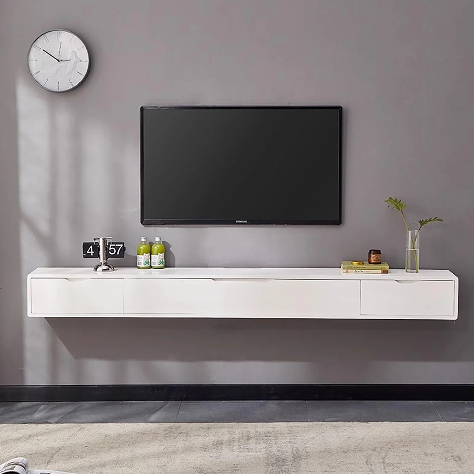 Szafka pod telewizor, wisząca podstawka pod telewizor, montowany na ścianie, nowoczesna konsola do centrum rozrywki z miejscem do przechowywania (biała, 140 cm)