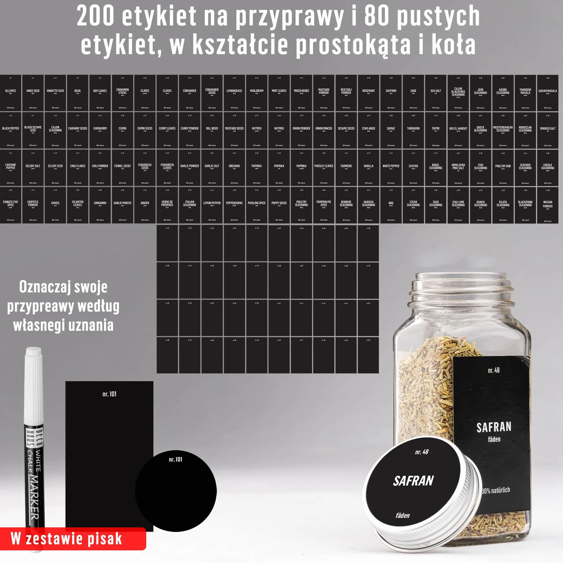 Deco haus® Słoiczki na Przyprawy z Nakrętką - Zestaw 24 sztuk - Różne Nasadki do Wytrząsarek, Lejek, Pędzelek, Etykiety i Kreda - Idealne do Naszych 4 Stojaków na Przyprawy - 120 ml, 10,5 x 4,3 cm