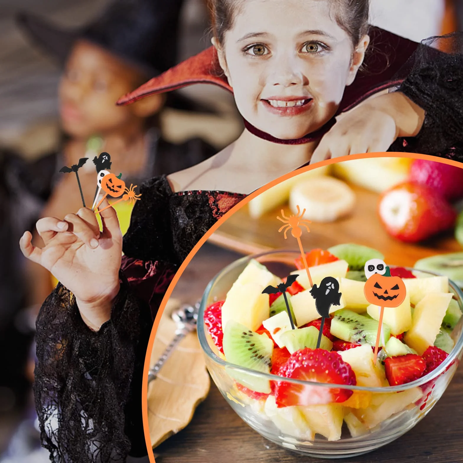 10 sztuk mini widelczyków do owoców na Halloween, do wielokrotnego użytku, dla dzieci, do dekoracji owoców, mini wykałaczki do żywności