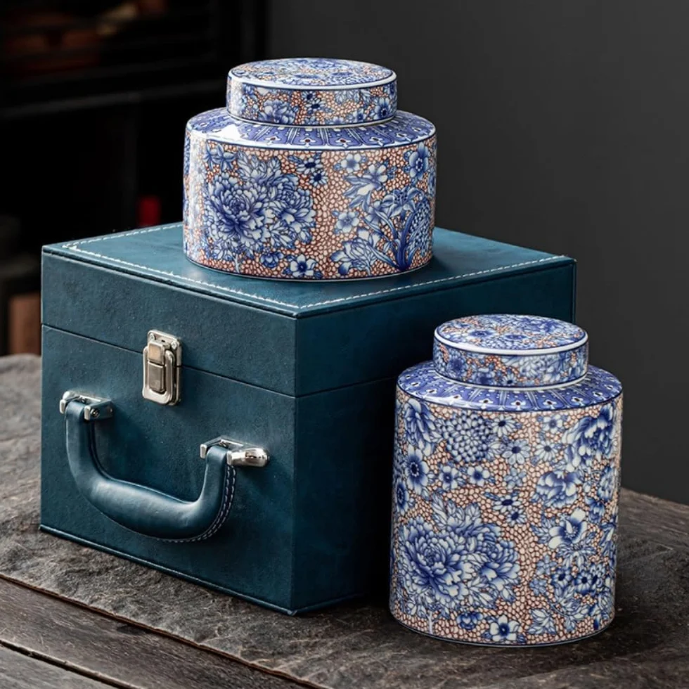 LYGSWDB Pojemnik na herbatę Pojemnik do przechowywania herbaty Jar Ceramiczny szczelnie zamknię słoik Retro Niebiesko-biały porcelanowy zestaw do herbaty Pojedynczy słoik/podwójny słoik Zestaw