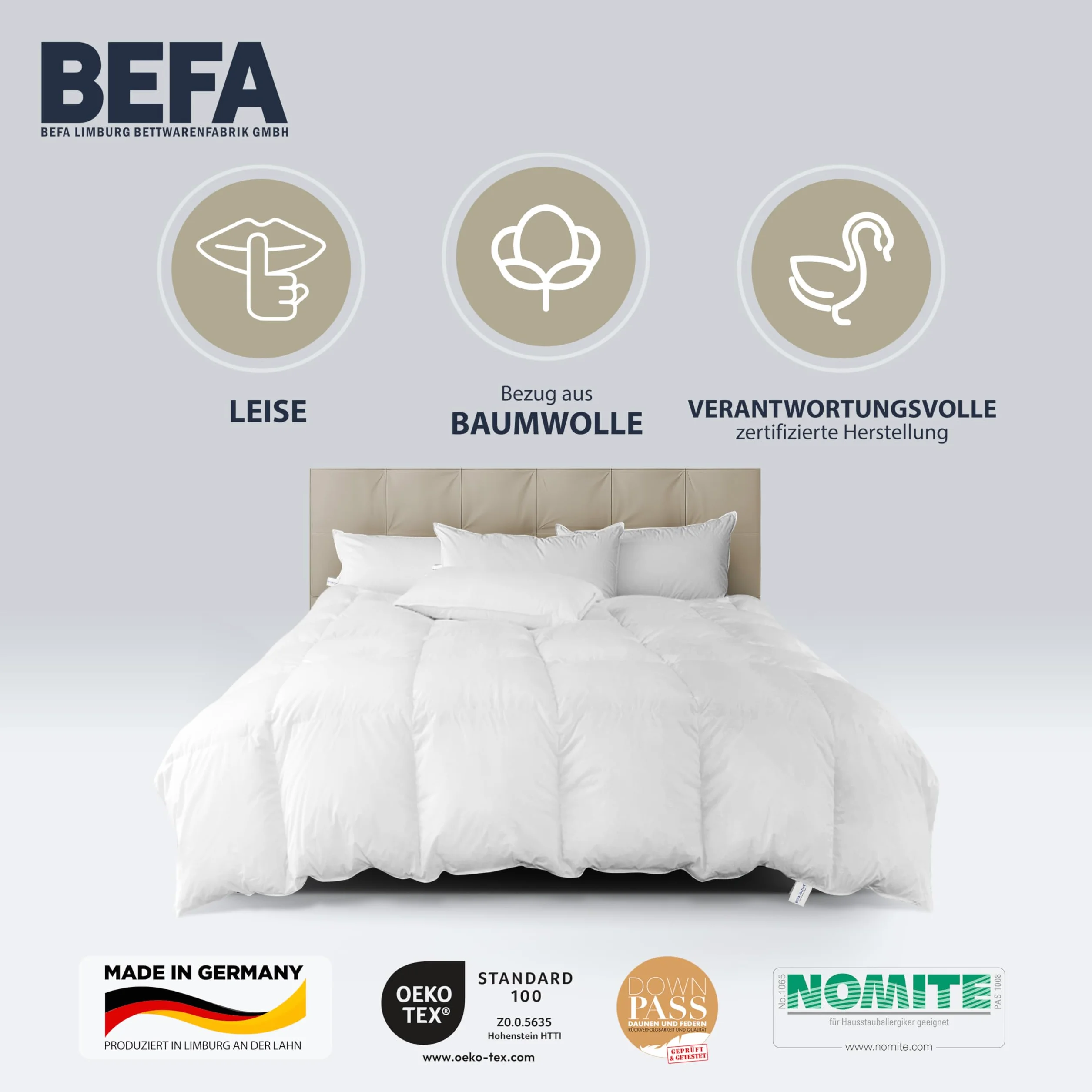 Kołdra puchowa Tencel 200x220 cm 90% puch 10% pierze BEFA NATUR Made in Germany Öko-Tex 100 klasa 1