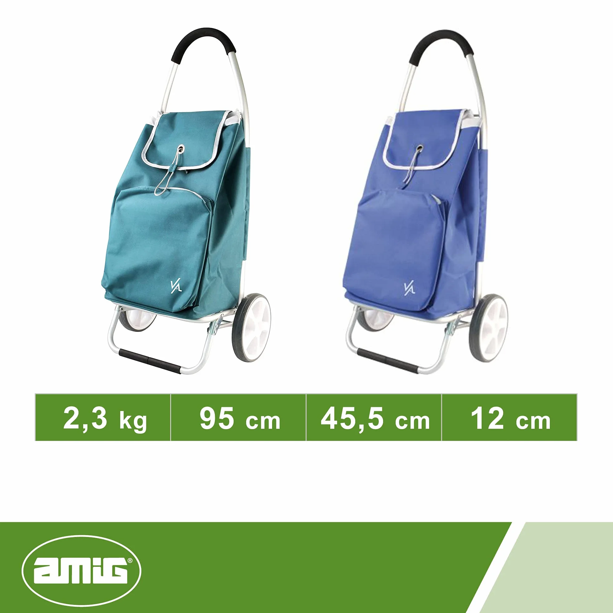 Amig – Wózek na zakupy z 2 kółkami – regulowana torba – lekkie aluminium – maksymalna nośność: 15 kg – 50 l pojemności – wymiary: 95 x 45,5 x 12 cm – kolor: niebieski