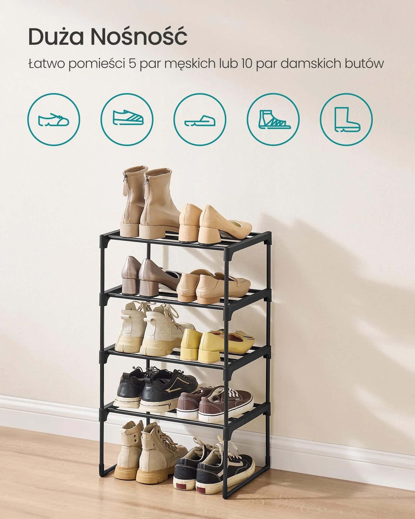 SONGMICS Stojak na buty 4 poziomy, do przechowywania butów, w pozycji pionowej lub odwróconej, na 5-10 par butów, 30 x 42,5 x 71,5 cm, czarny LSA004B01