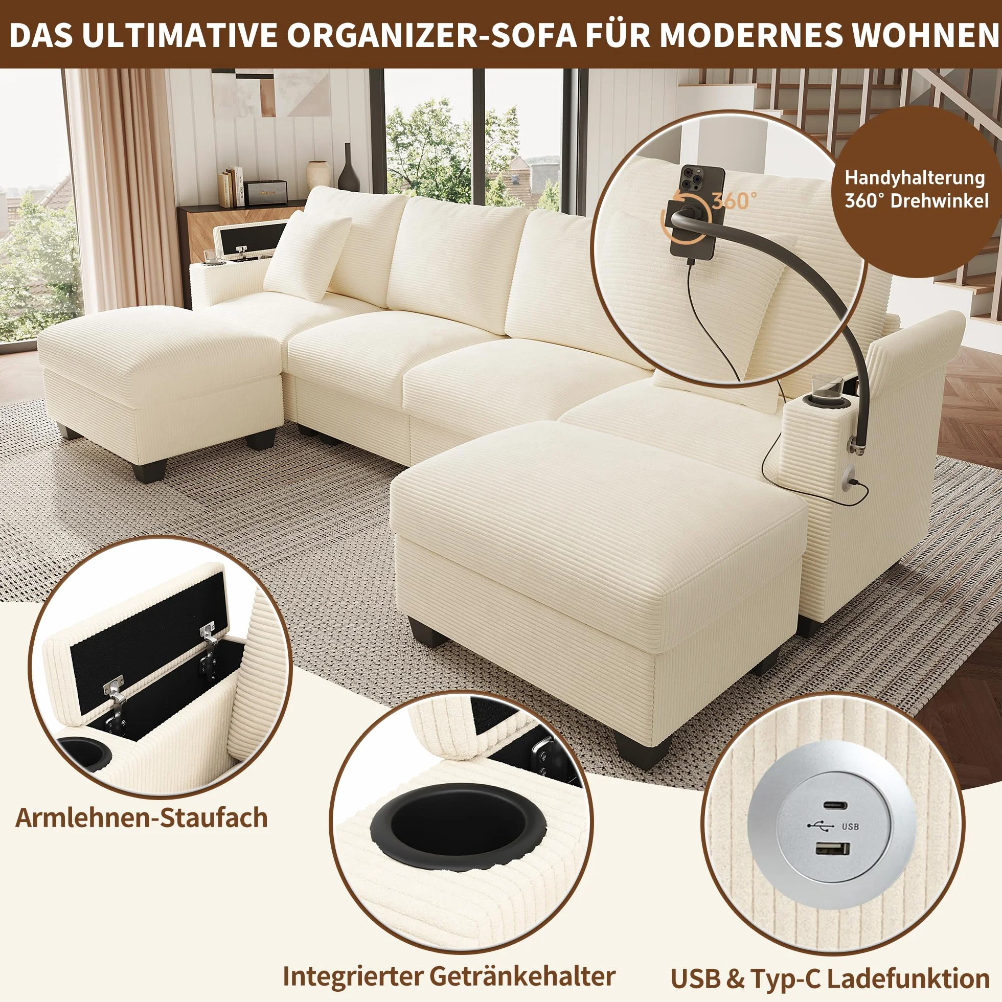 Zestaw wypoczynkowy w kształcie litery U z funkcją spania, modułowa sofa ze sztruksu, sofa narożna z uchwytem na telefon komórkowy, port ładowania USB, idealny do salonu, sypialni, beżowy