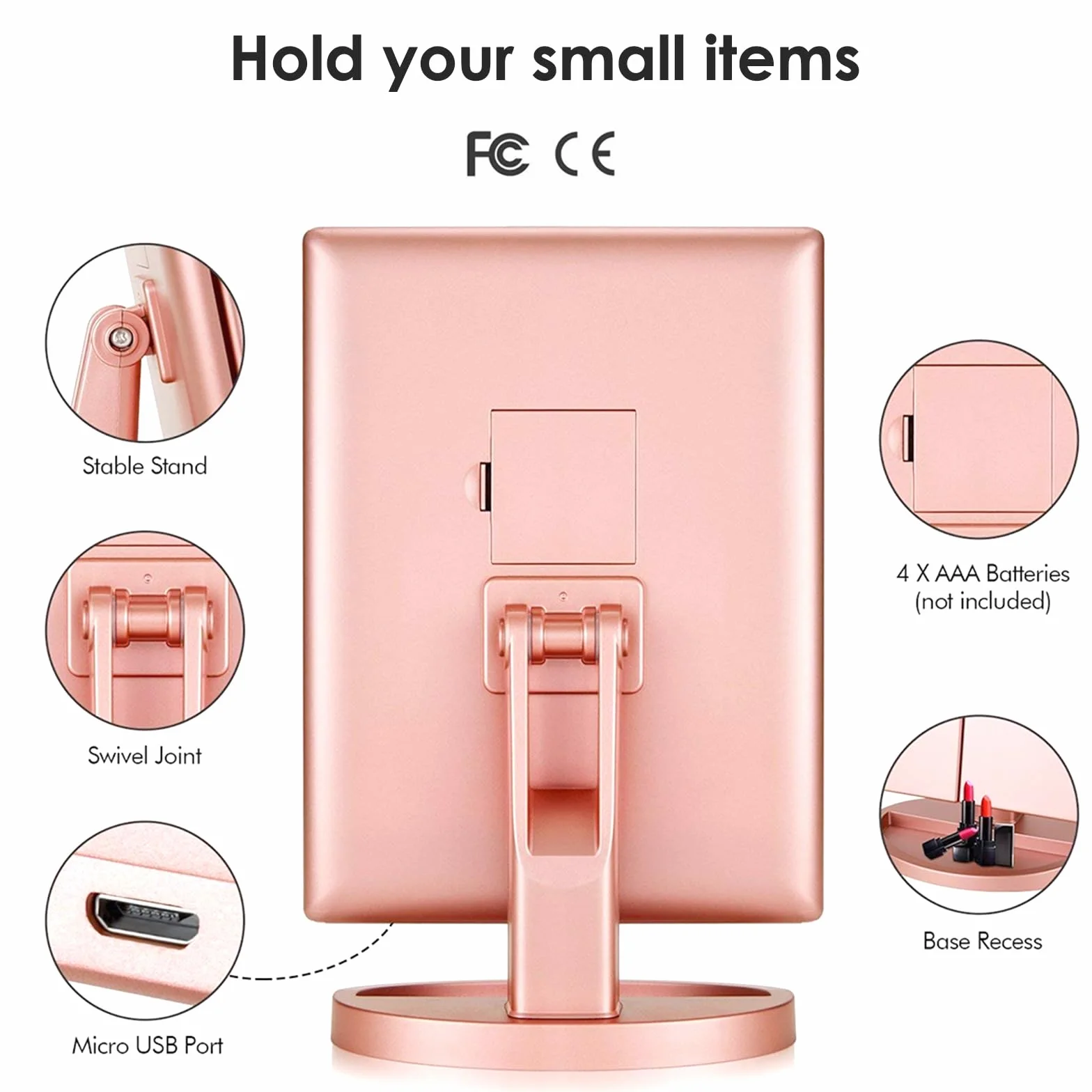 WEILY Lustro do makijażu ze światłami, lusterko powiększające z 1X/2X/3X, Tri-Fold lusterko do makijażu z ekranem dotykowym, lustro stołowe z obsługą USB i baterią (różowe złoto)