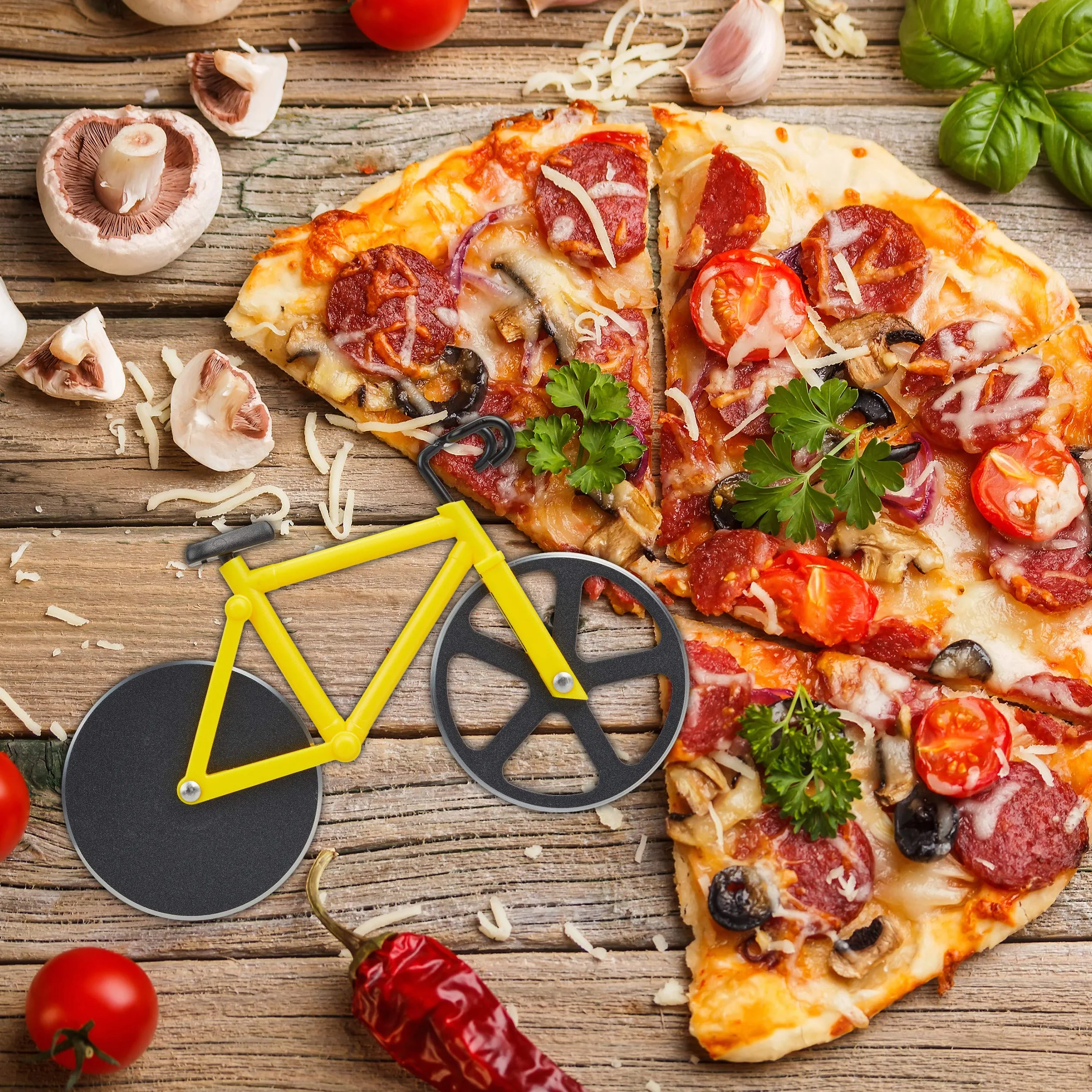 Relaxdays nóż, nożyk, radełko do krojenia i cięcia pizzy, w kształcie roweru, stal nierdzewna, zółty