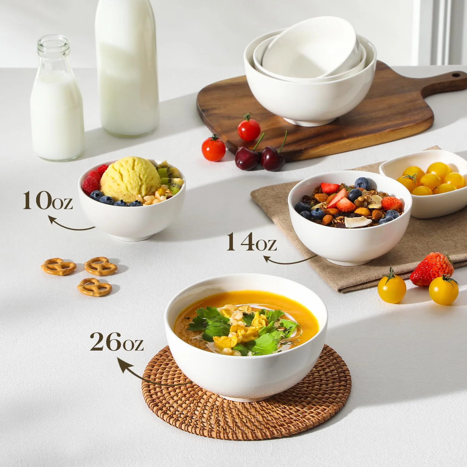 MALACASA, Seria regularna, zestaw 8 szt. 12,5 x 12,5 x 6,5/440 ml kremowo-biała porcelana miska do ryżu zupy zestaw misek na musli
