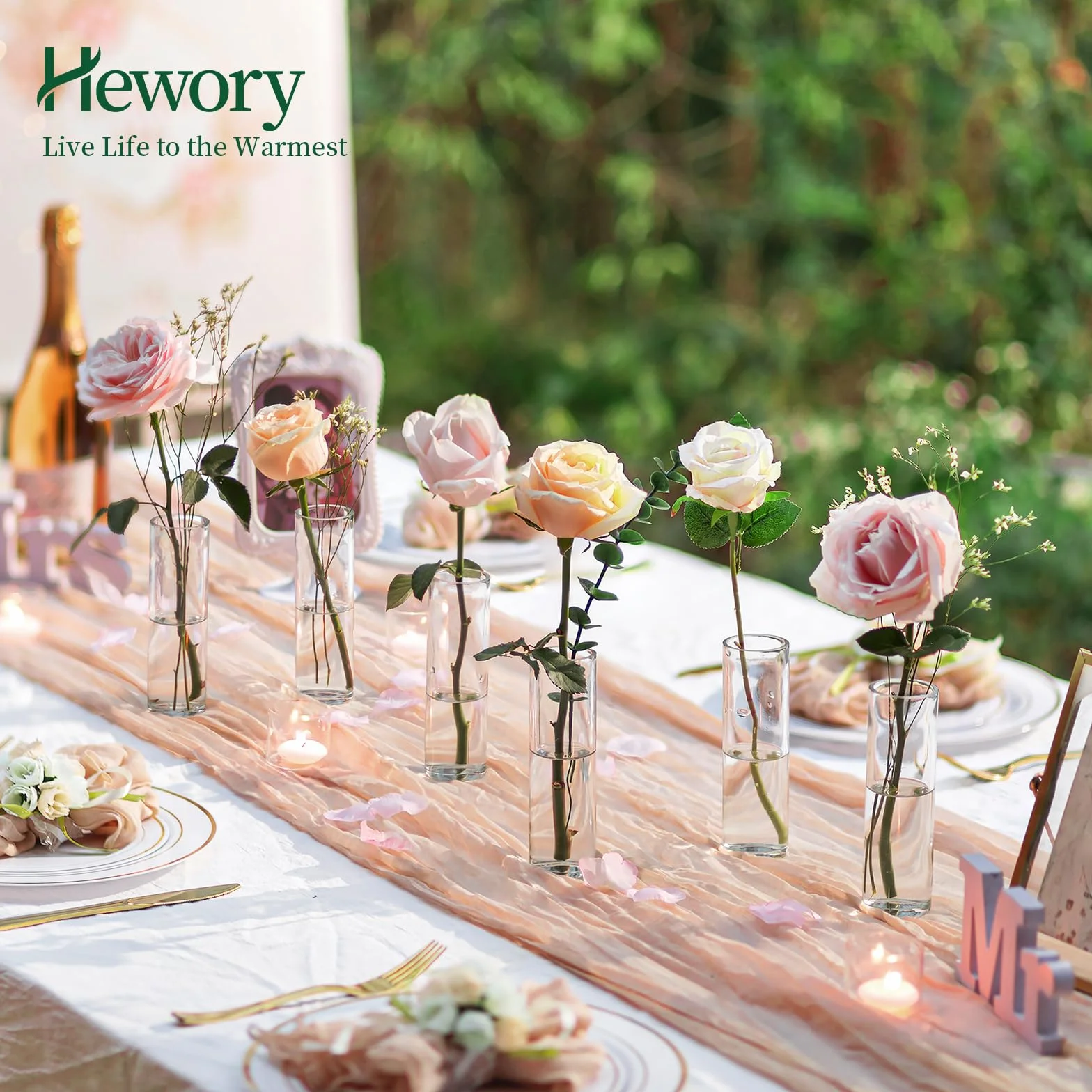 Wazon cylindryczny z wysokim pączkiem: Hewory 12 małych szklanych wazonów do dekoracji stołu weselnego - pojedynczy wazon centralny na stoły, dekoracje na baby shower, przyjęcie urodzinowe